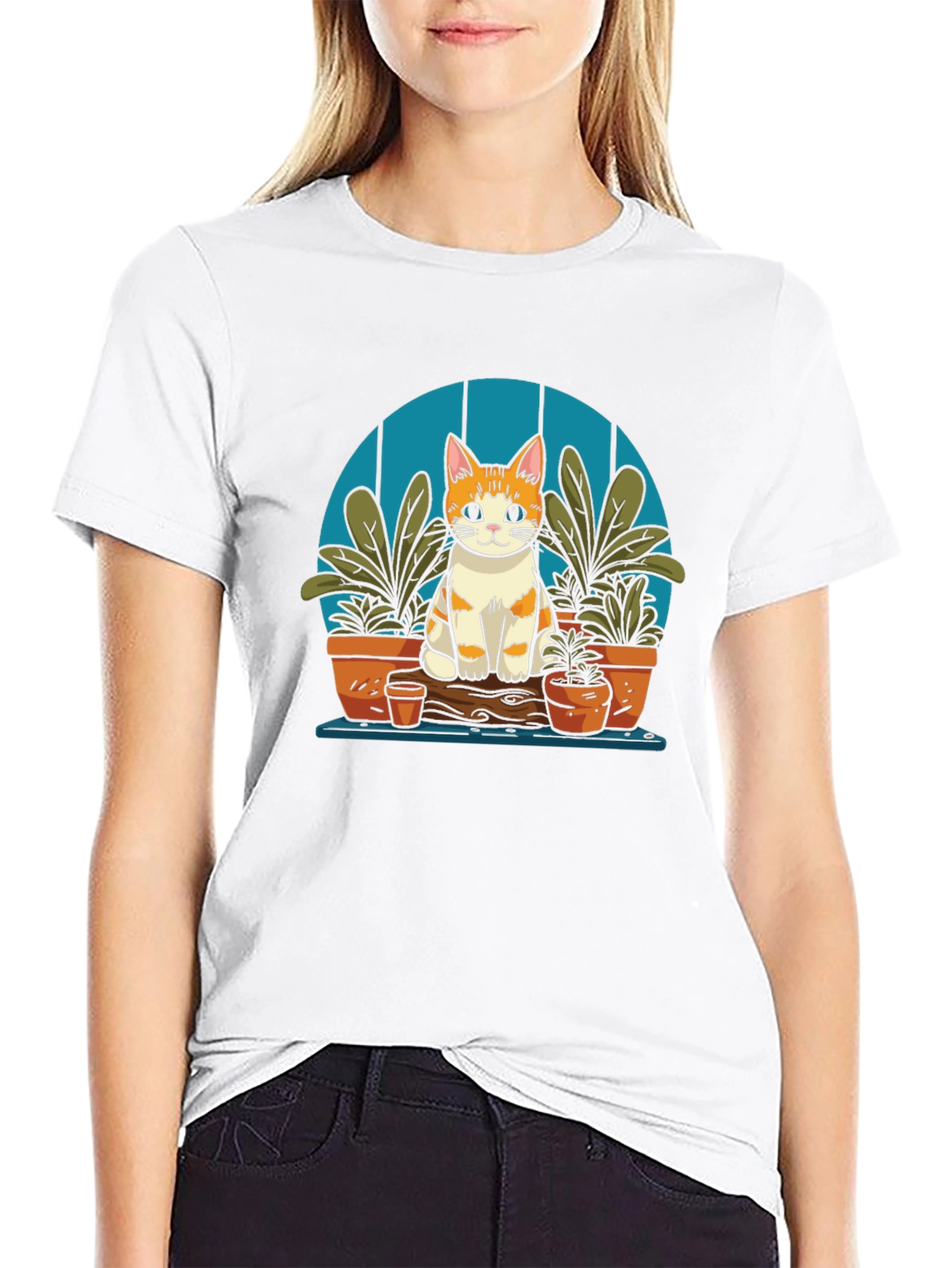 Cute Cat in Garden Black T-Shirt