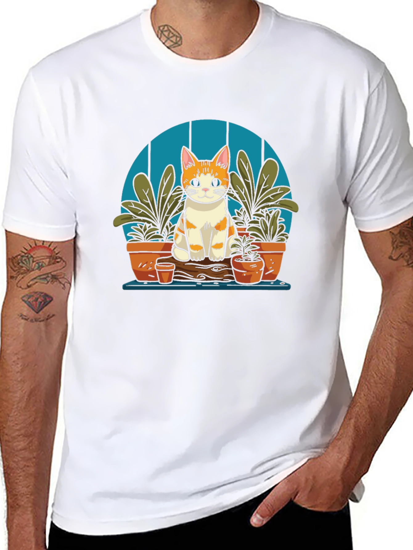 Cute Cat in Garden Black T-Shirt