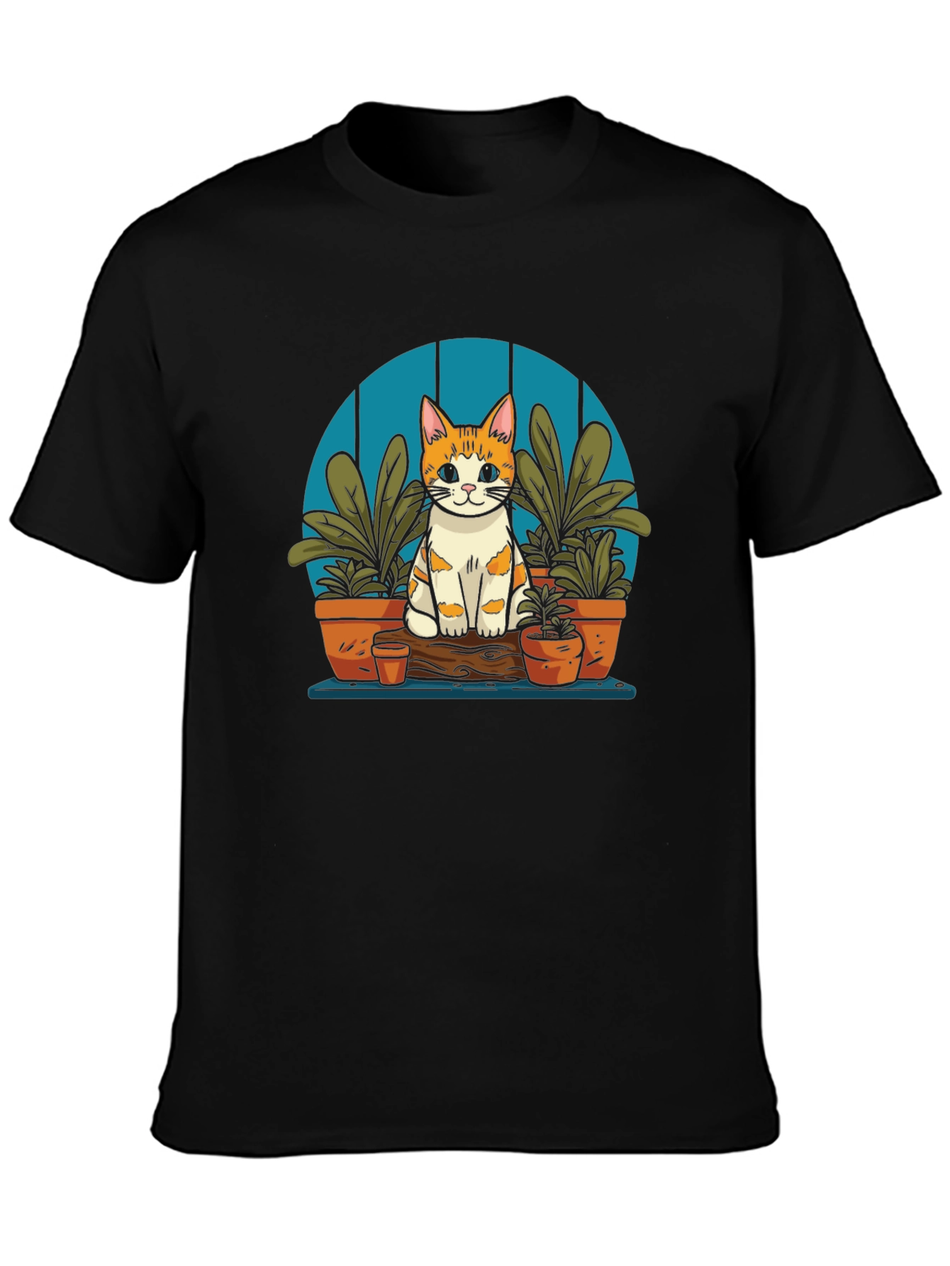 Cute Cat in Garden Black T-Shirt