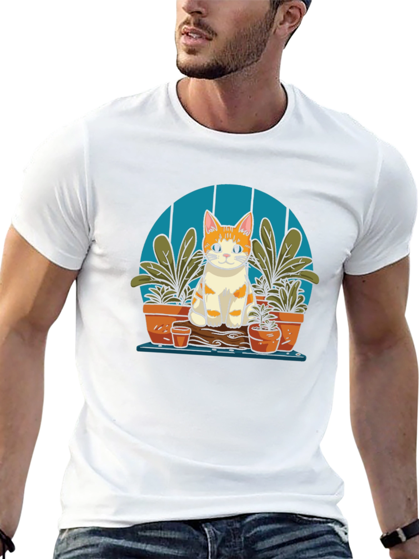 Cute Cat in Garden Black T-Shirt
