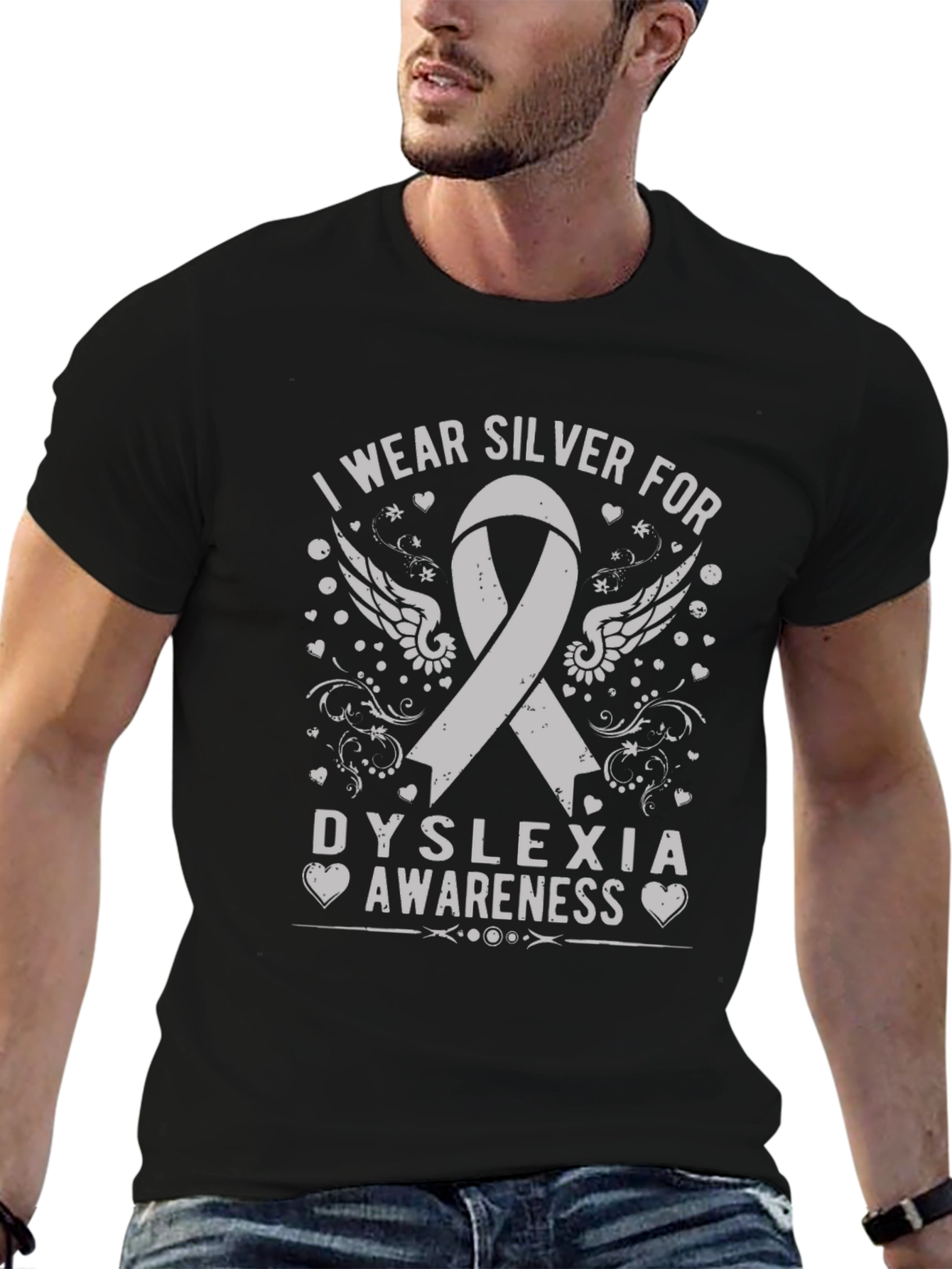Dyslexia Awareness Silver Ribbon Black Tee