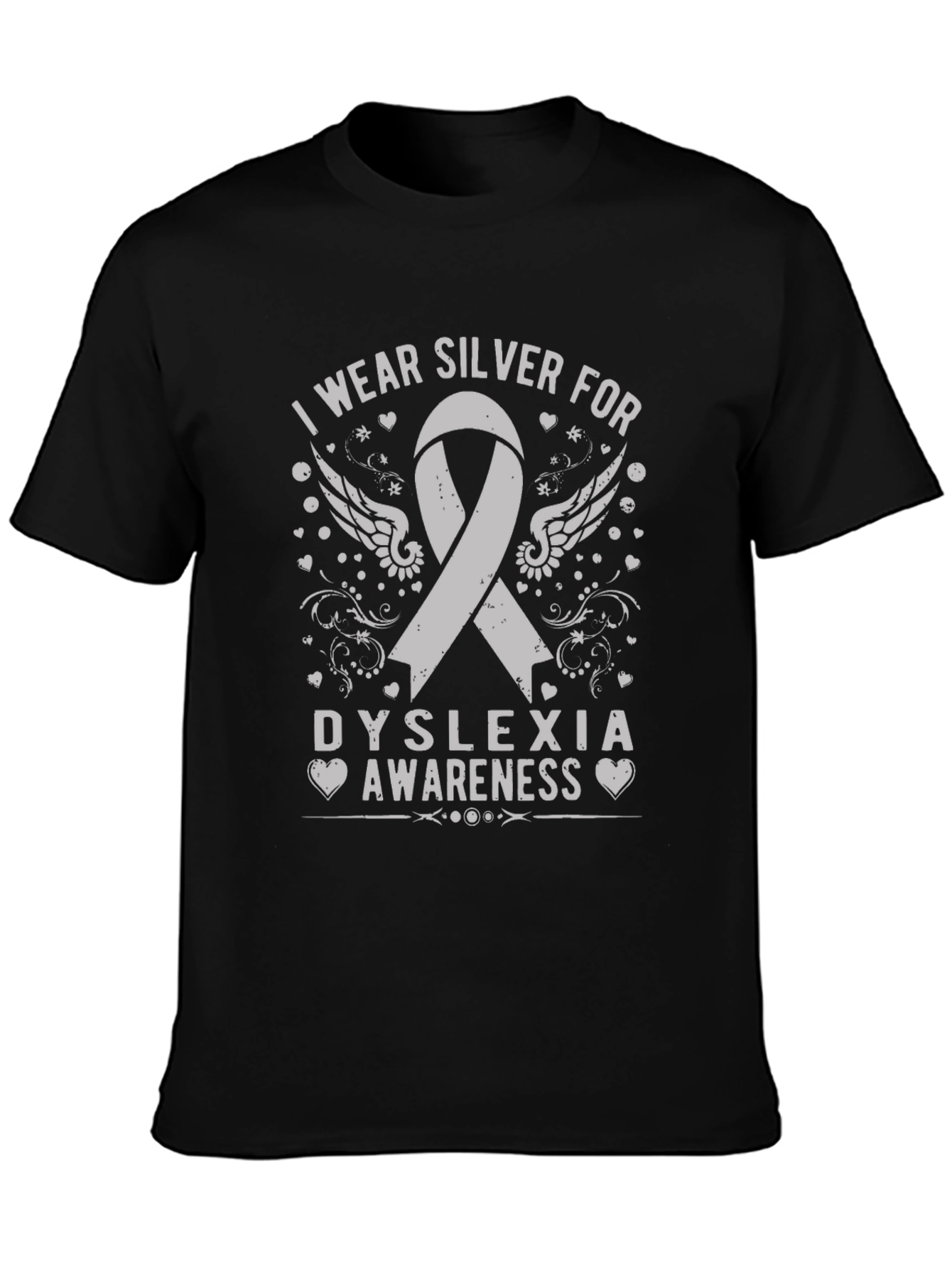 Dyslexia Awareness Silver Ribbon Black Tee