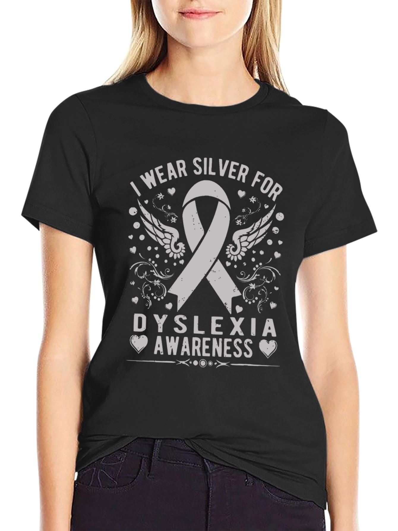 Dyslexia Awareness Silver Ribbon Black Tee
