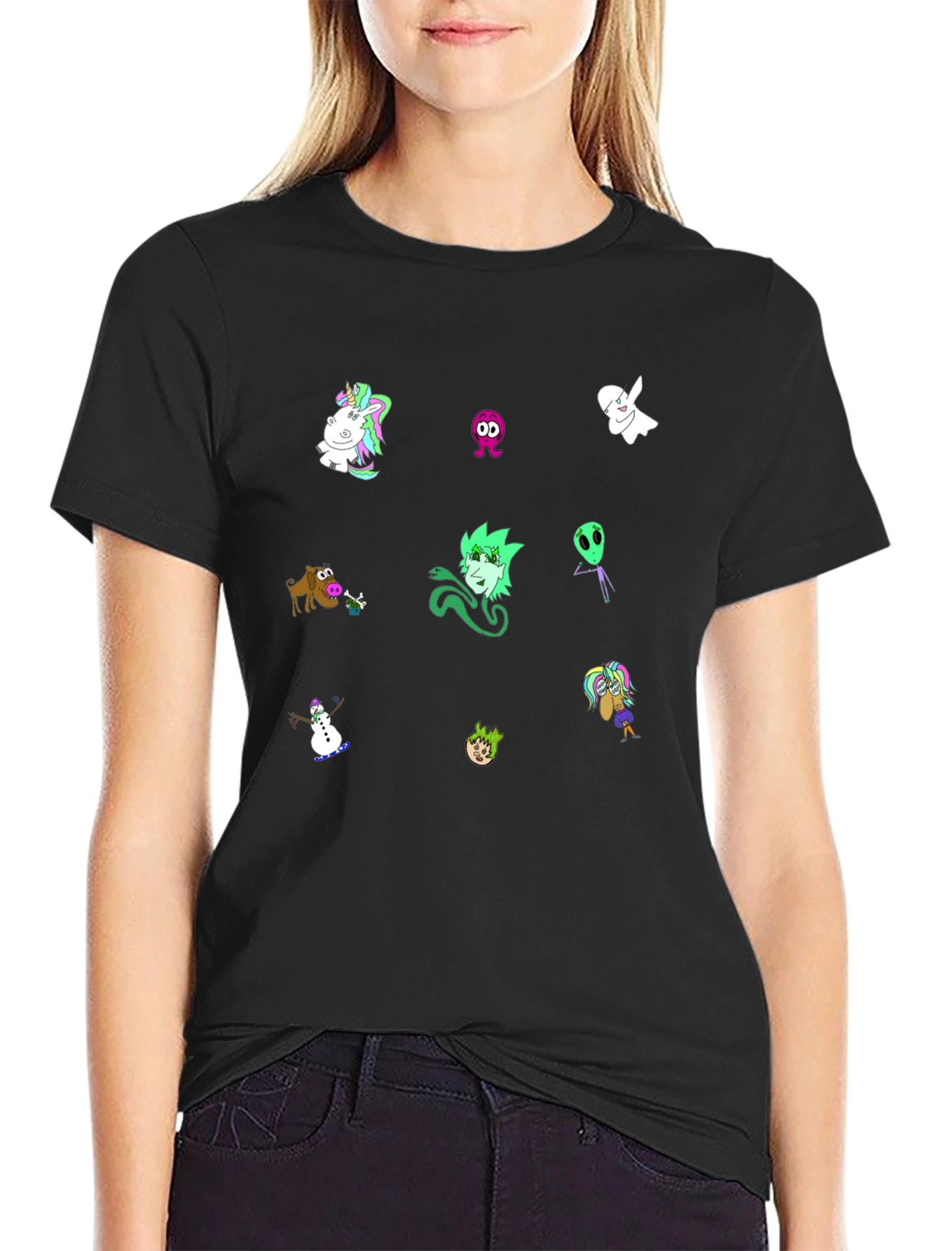 Cartoon Character Print Black T-Shirt
