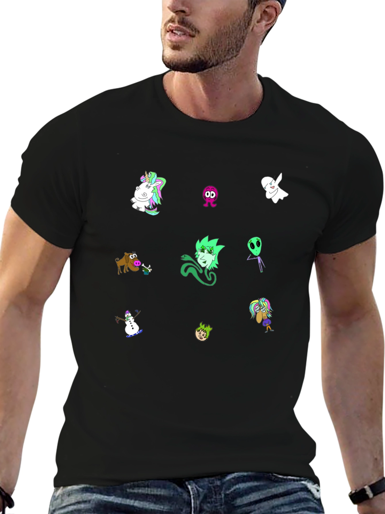 Cartoon Character Print Black T-Shirt