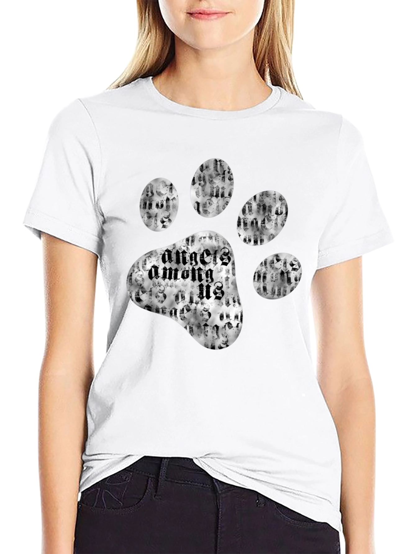 Angels Among Us Paw Print Black T-Shirt