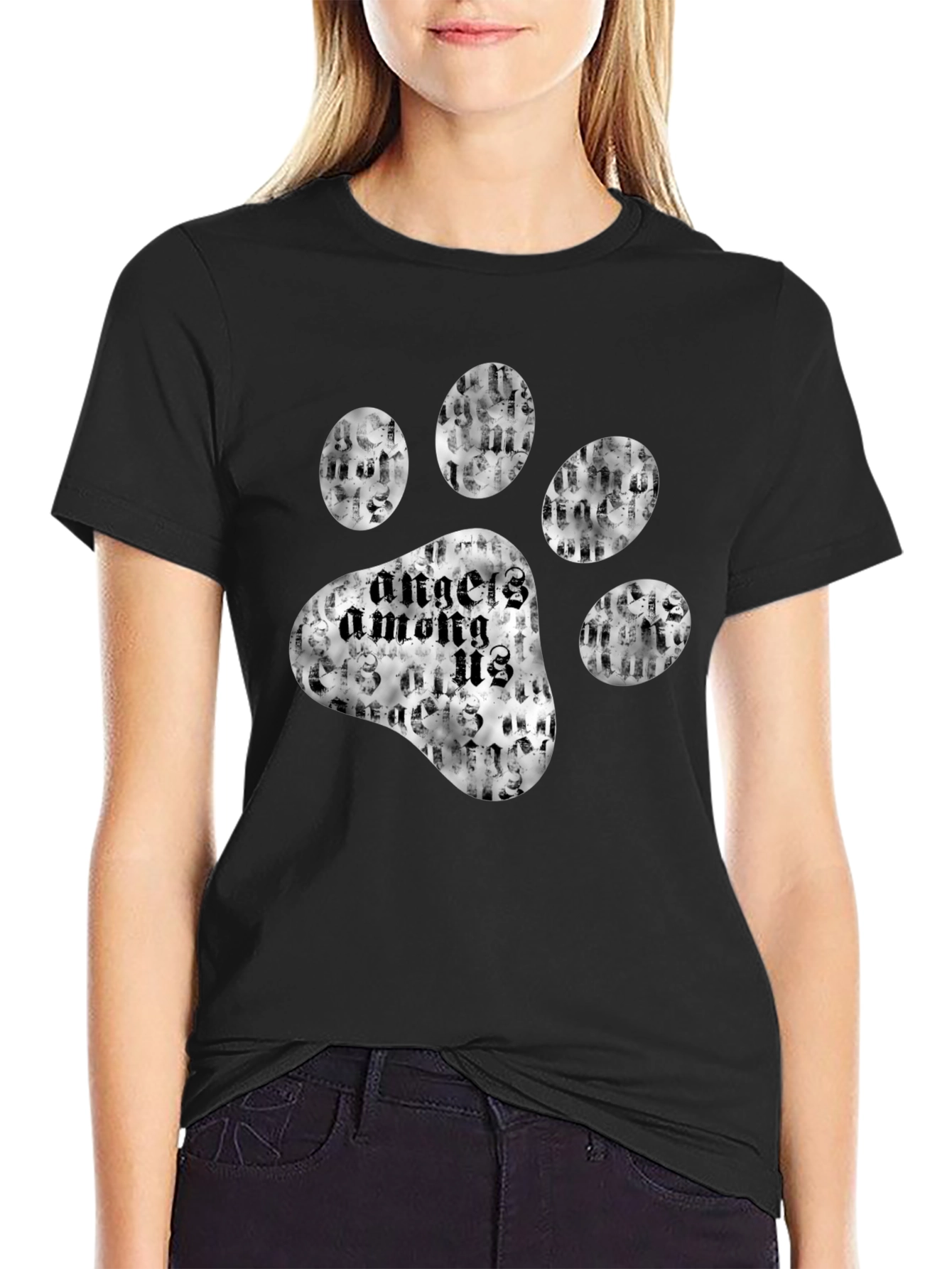 Angels Among Us Paw Print Black T-Shirt