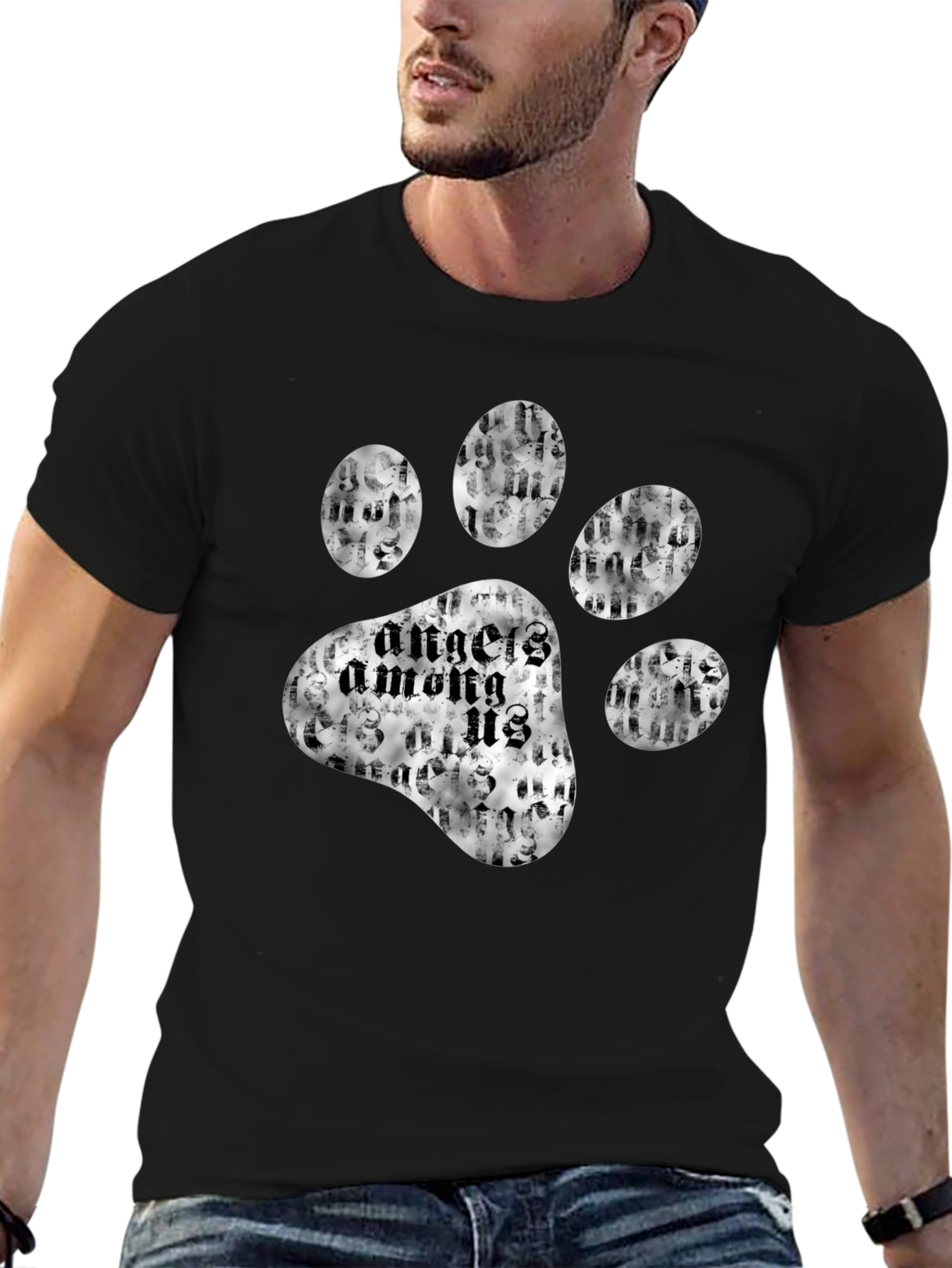 Angels Among Us Paw Print Black T-Shirt