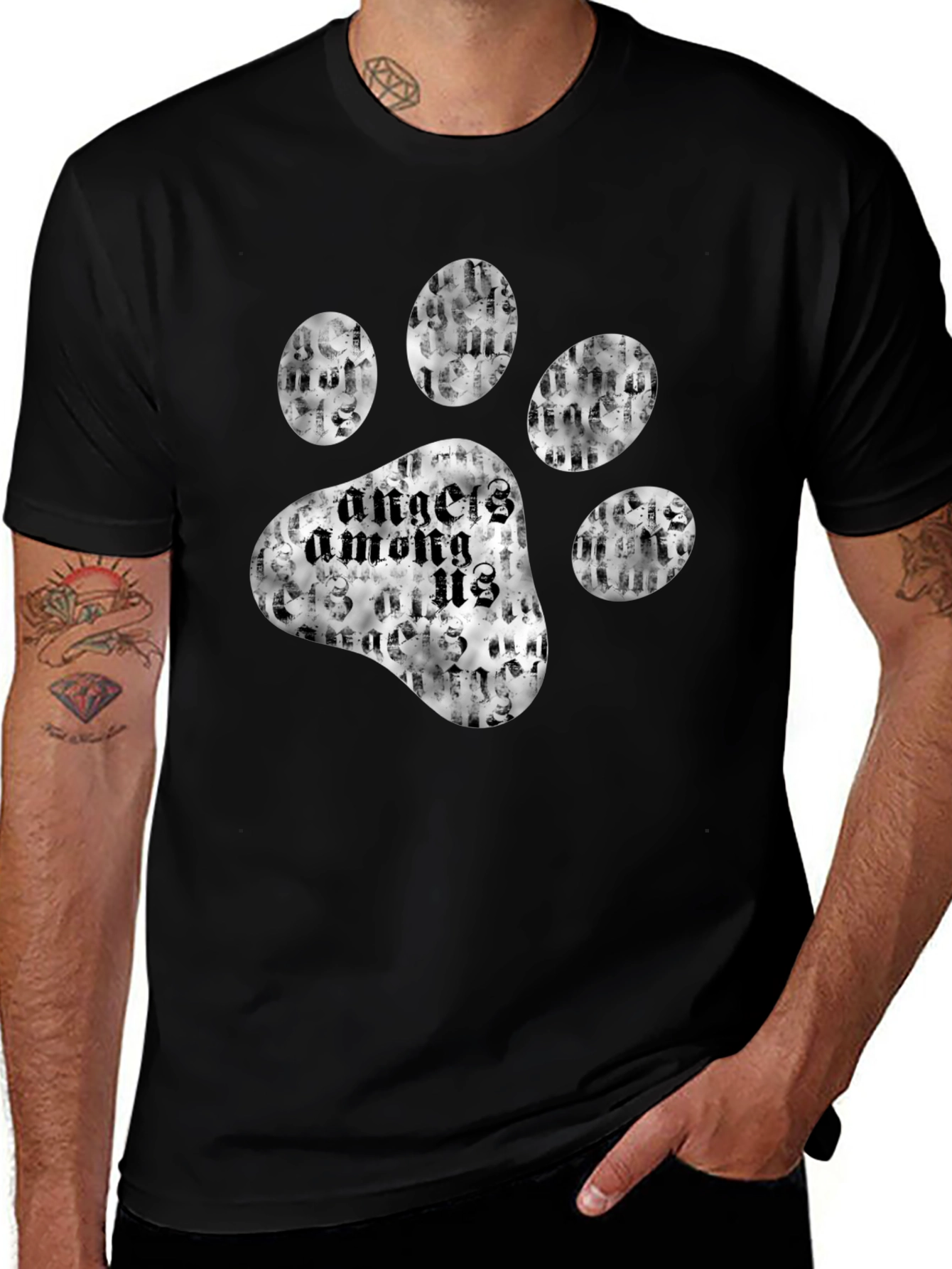 Angels Among Us Paw Print Black T-Shirt