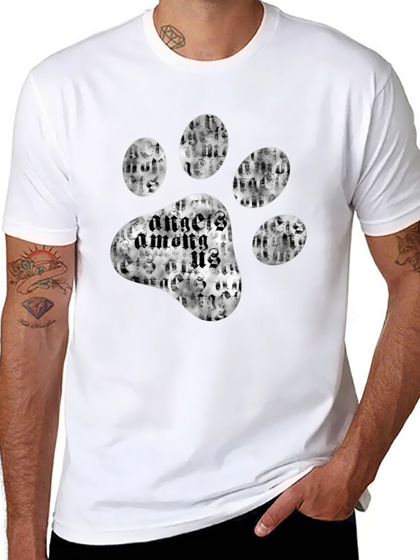 Angels Among Us Paw Print Black T-Shirt
