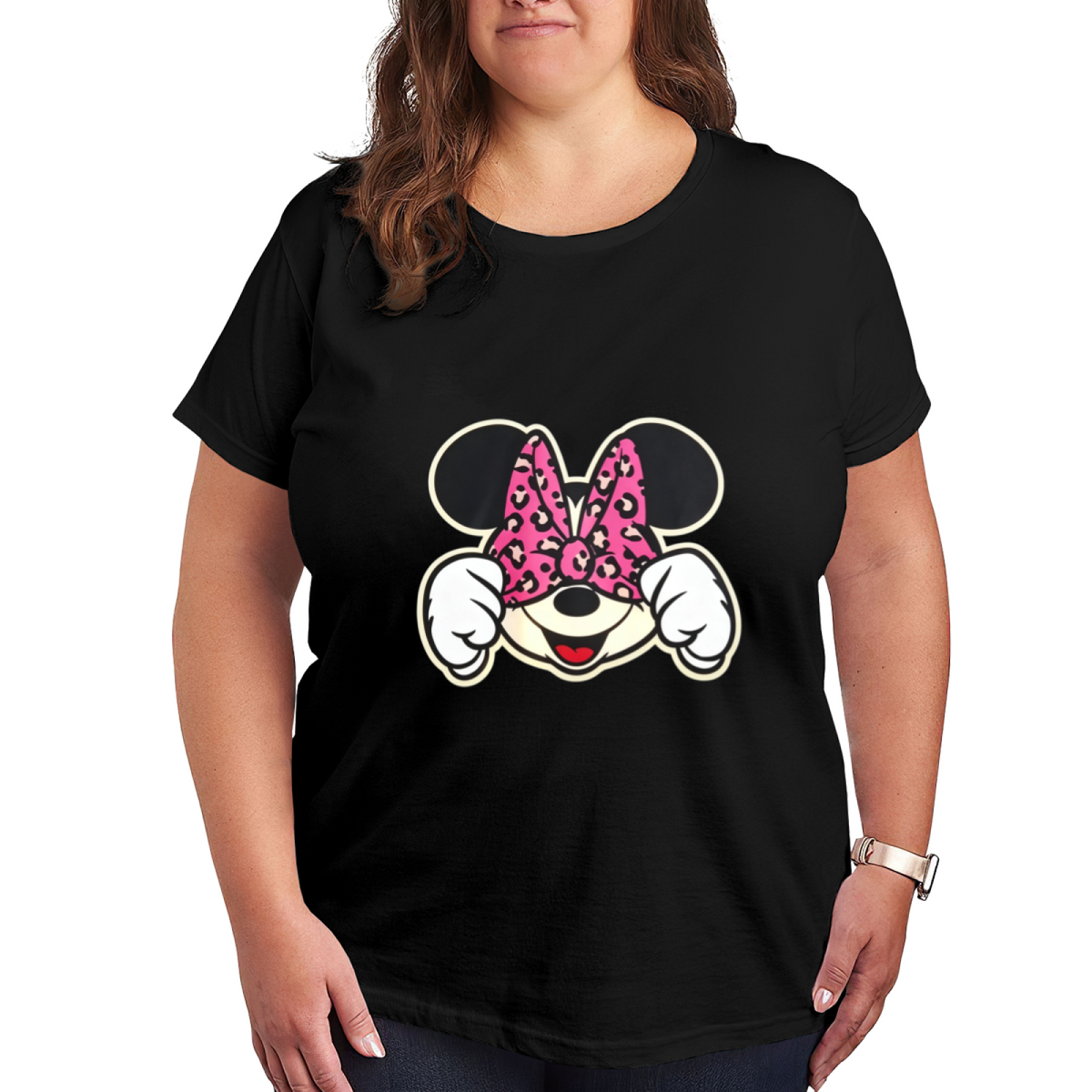 Playful Peeking Minnie Mouse Leopard Bow Plus?Size Black Tee