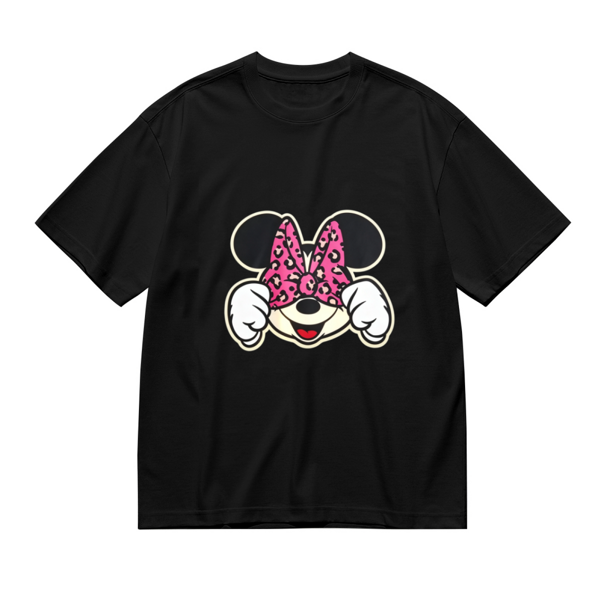 Playful Peeking Minnie Mouse Leopard Bow Plus?Size Black Tee