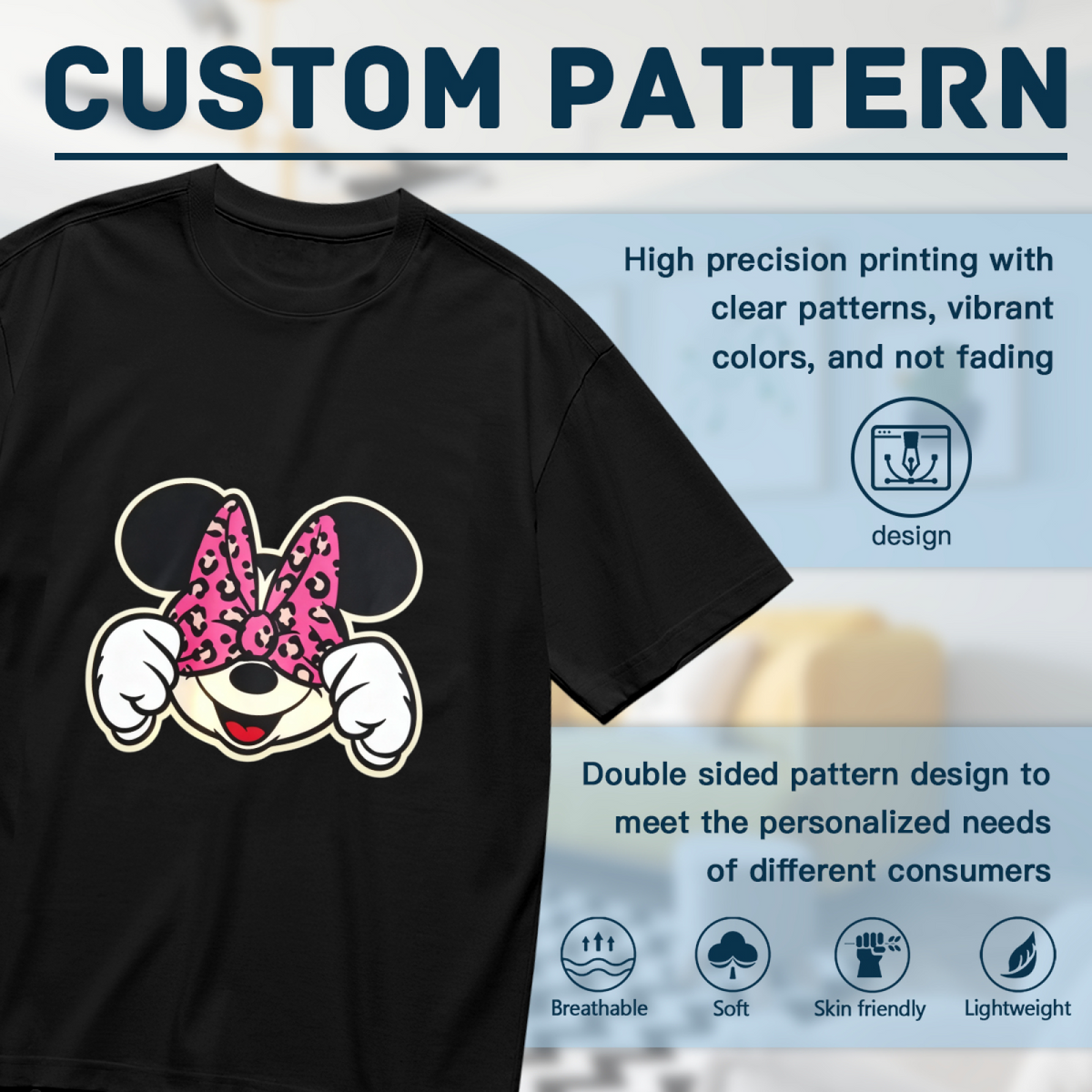 Playful Peeking Minnie Mouse Leopard Bow Plus?Size Black Tee