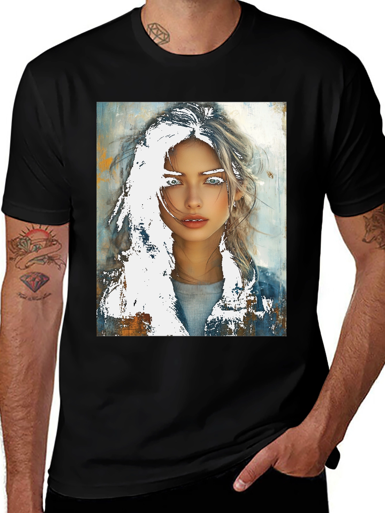 Artistic Woman Graphic Tee - Black Cotton Casual