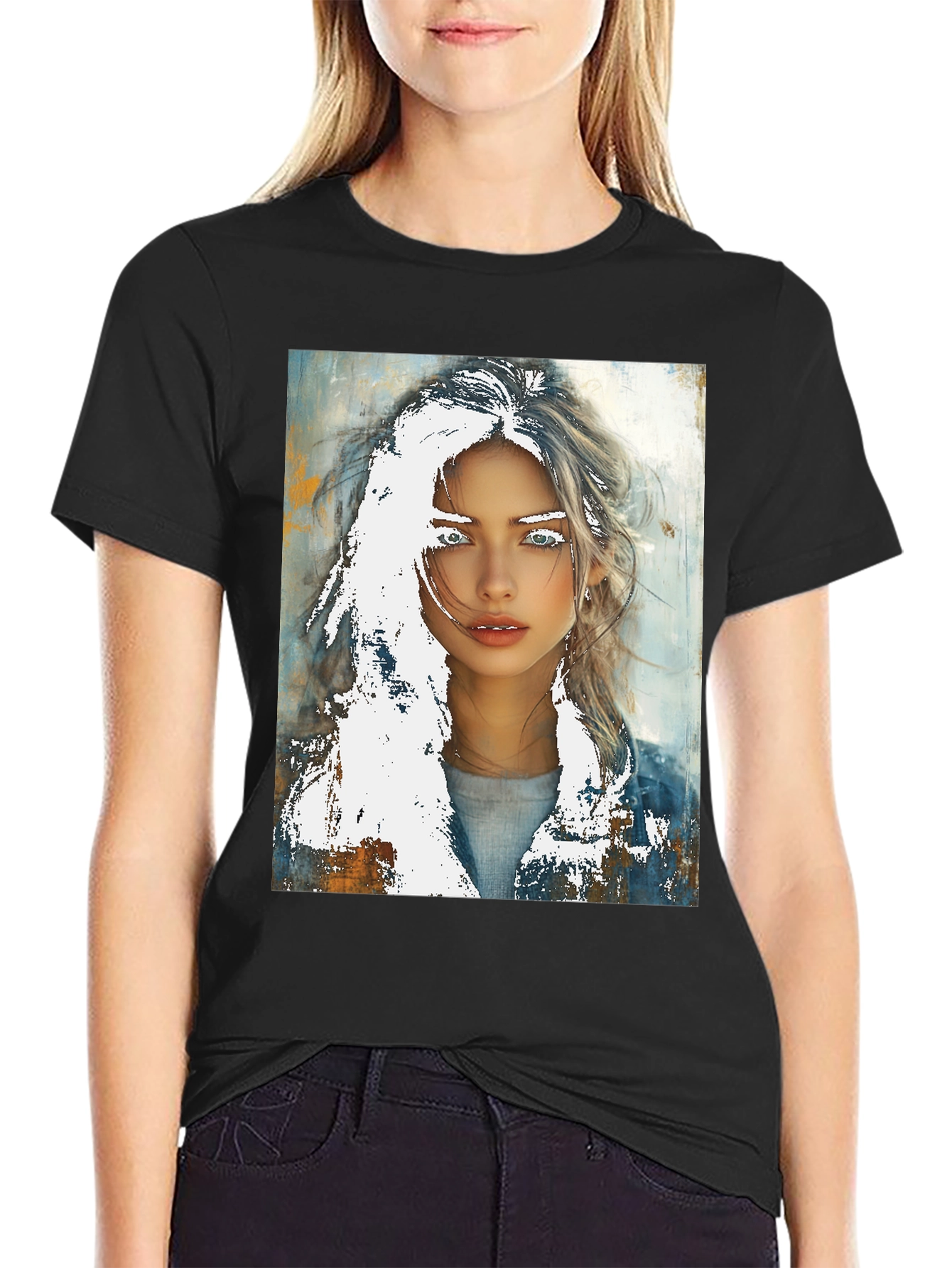 Artistic Woman Graphic Tee - Black Cotton Casual