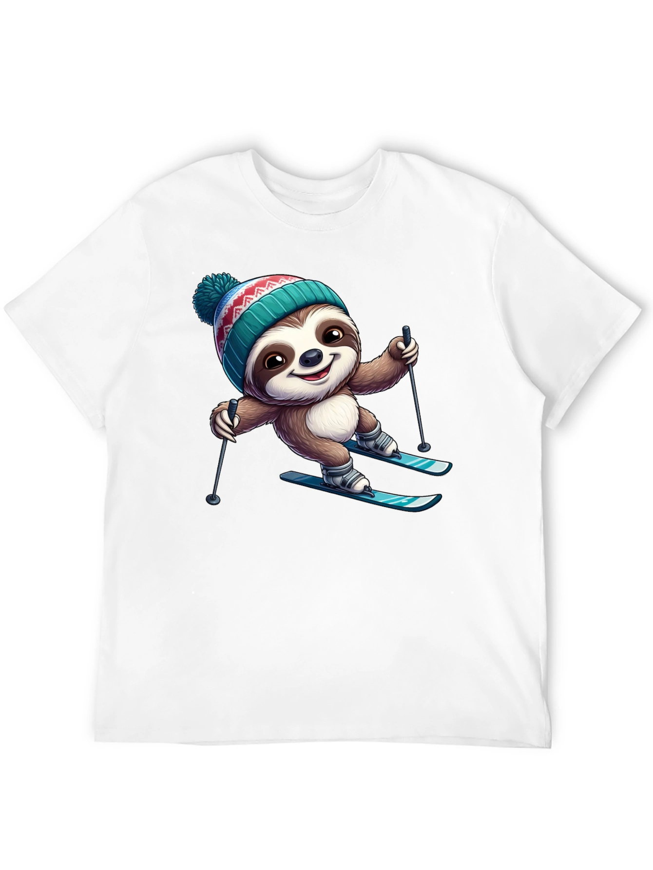Skiing Sloth Graphic Tee - Black Cotton T-Shirt