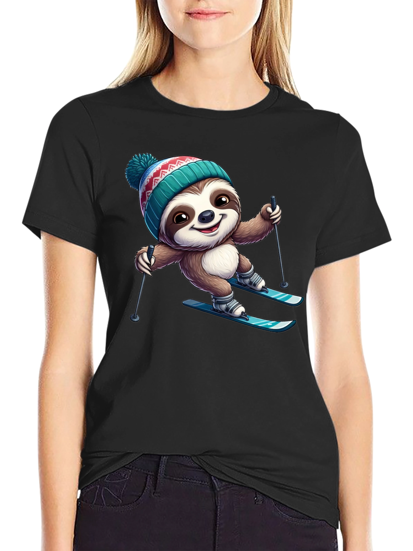 Skiing Sloth Graphic Tee - Black Cotton T-Shirt