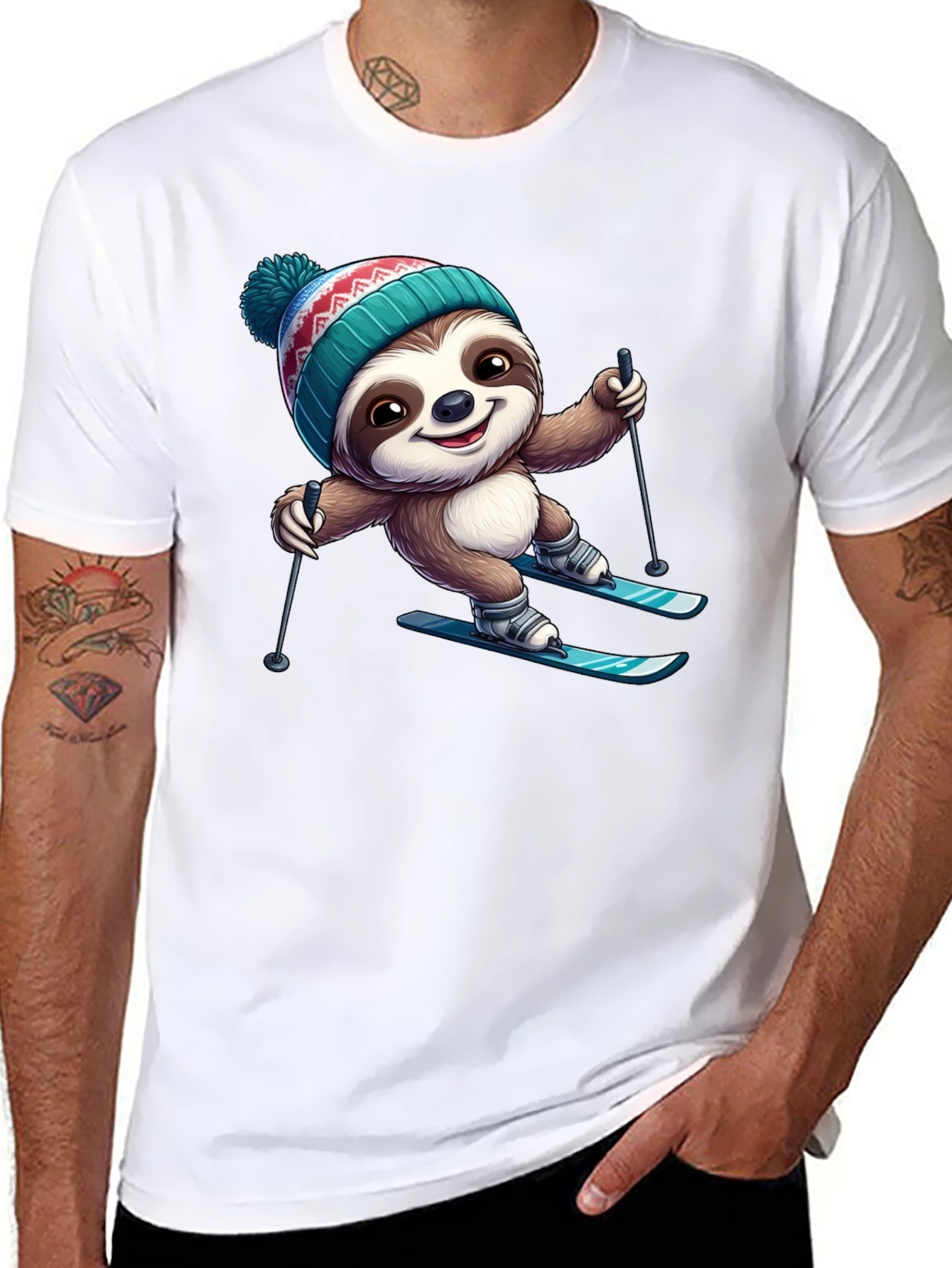 Skiing Sloth Graphic Tee - Black Cotton T-Shirt