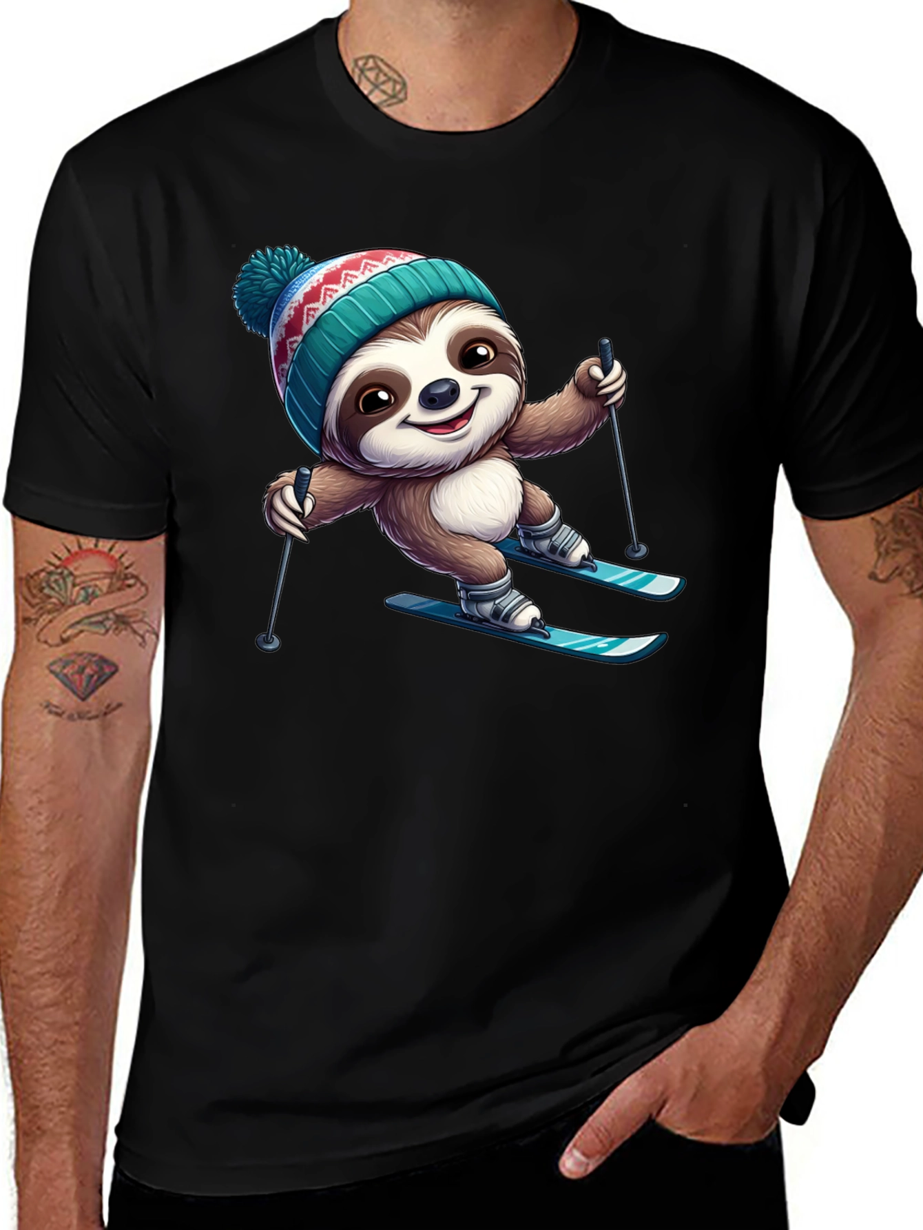Skiing Sloth Graphic Tee - Black Cotton T-Shirt