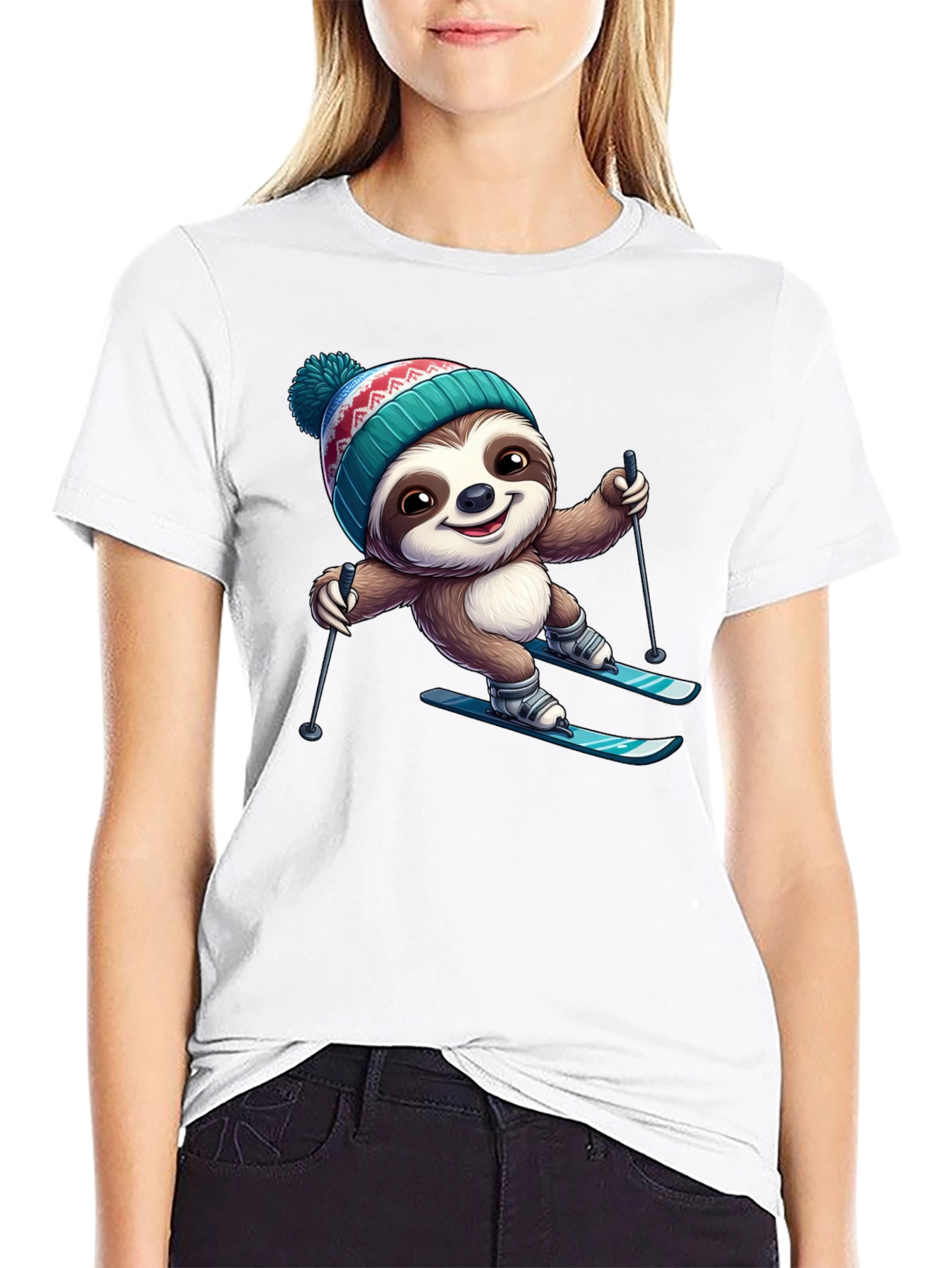 Skiing Sloth Graphic Tee - Black Cotton T-Shirt