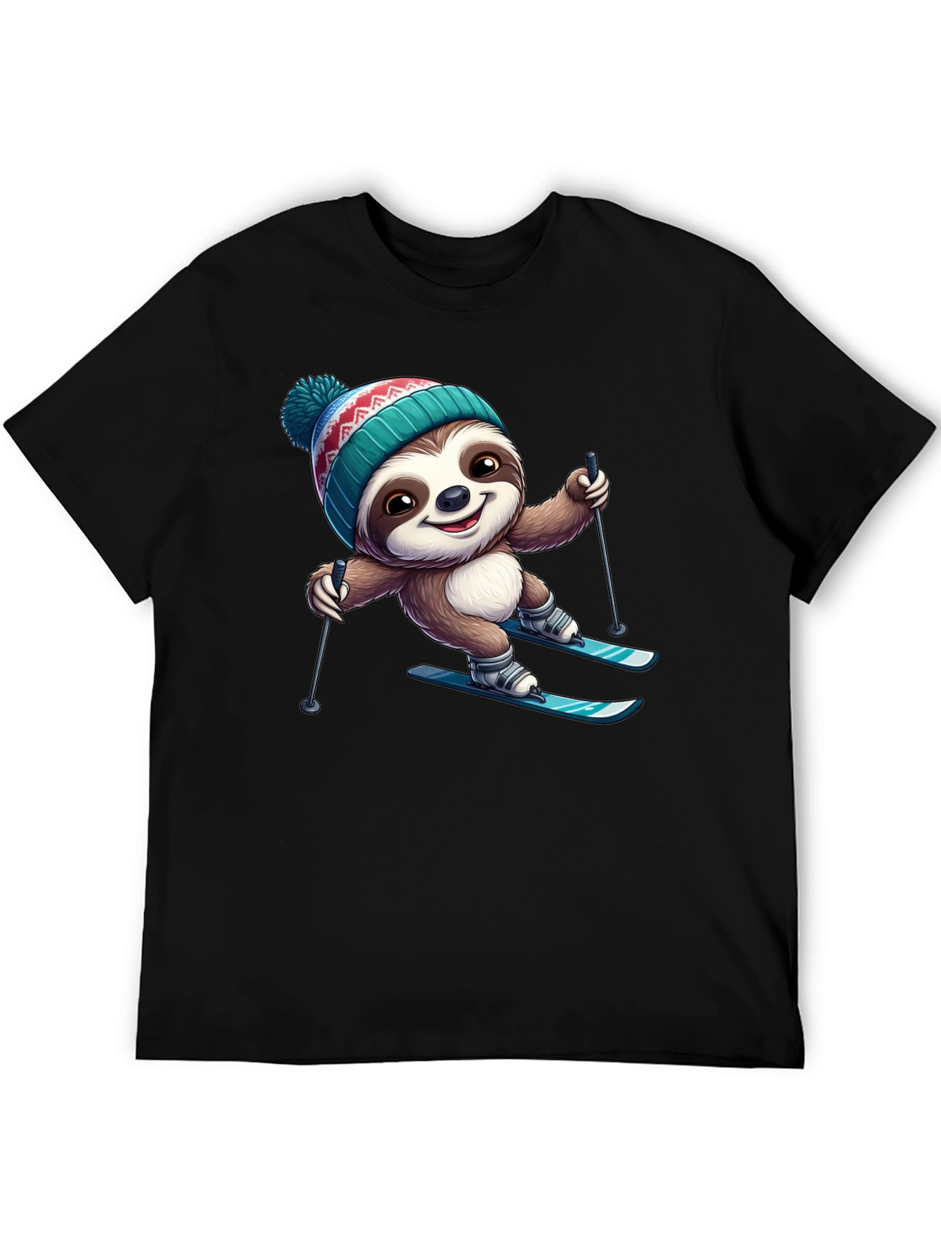 Skiing Sloth Graphic Tee - Black Cotton T-Shirt