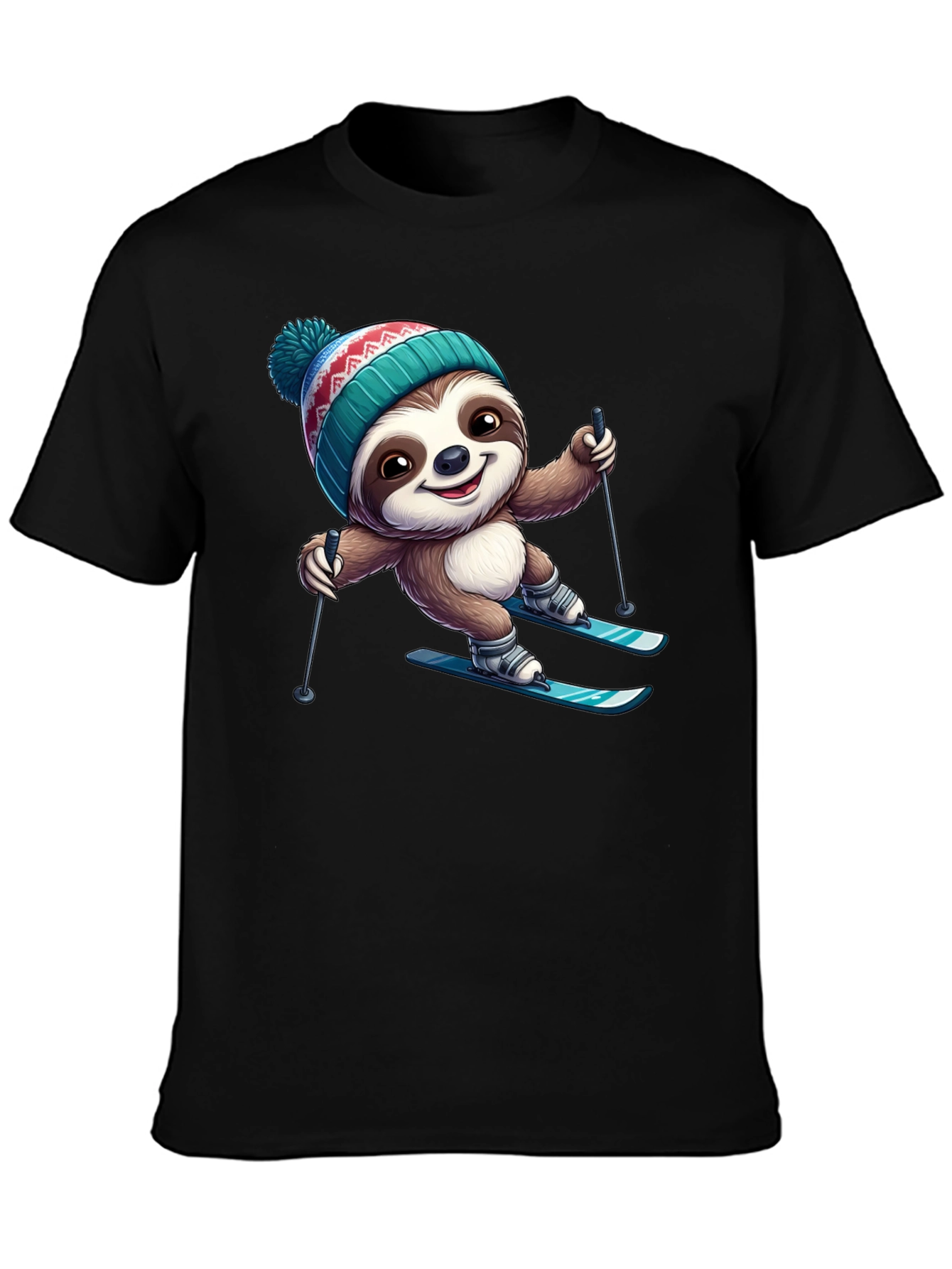 Skiing Sloth Graphic Tee - Black Cotton T-Shirt