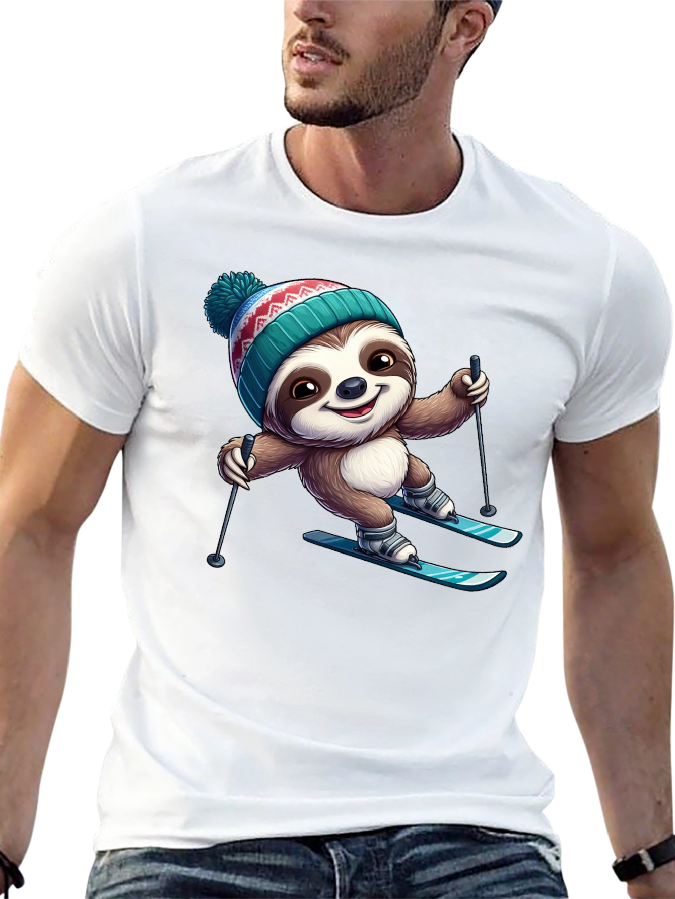 Skiing Sloth Graphic Tee - Black Cotton T-Shirt