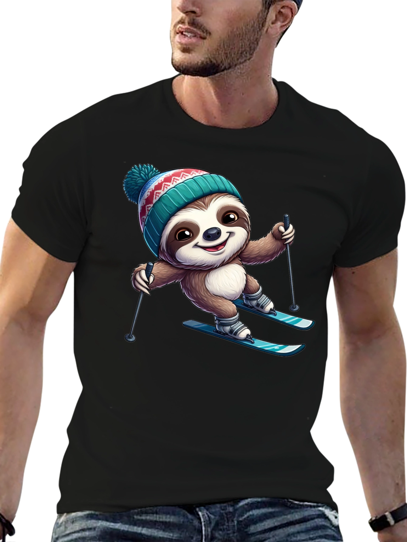 Skiing Sloth Graphic Tee - Black Cotton T-Shirt
