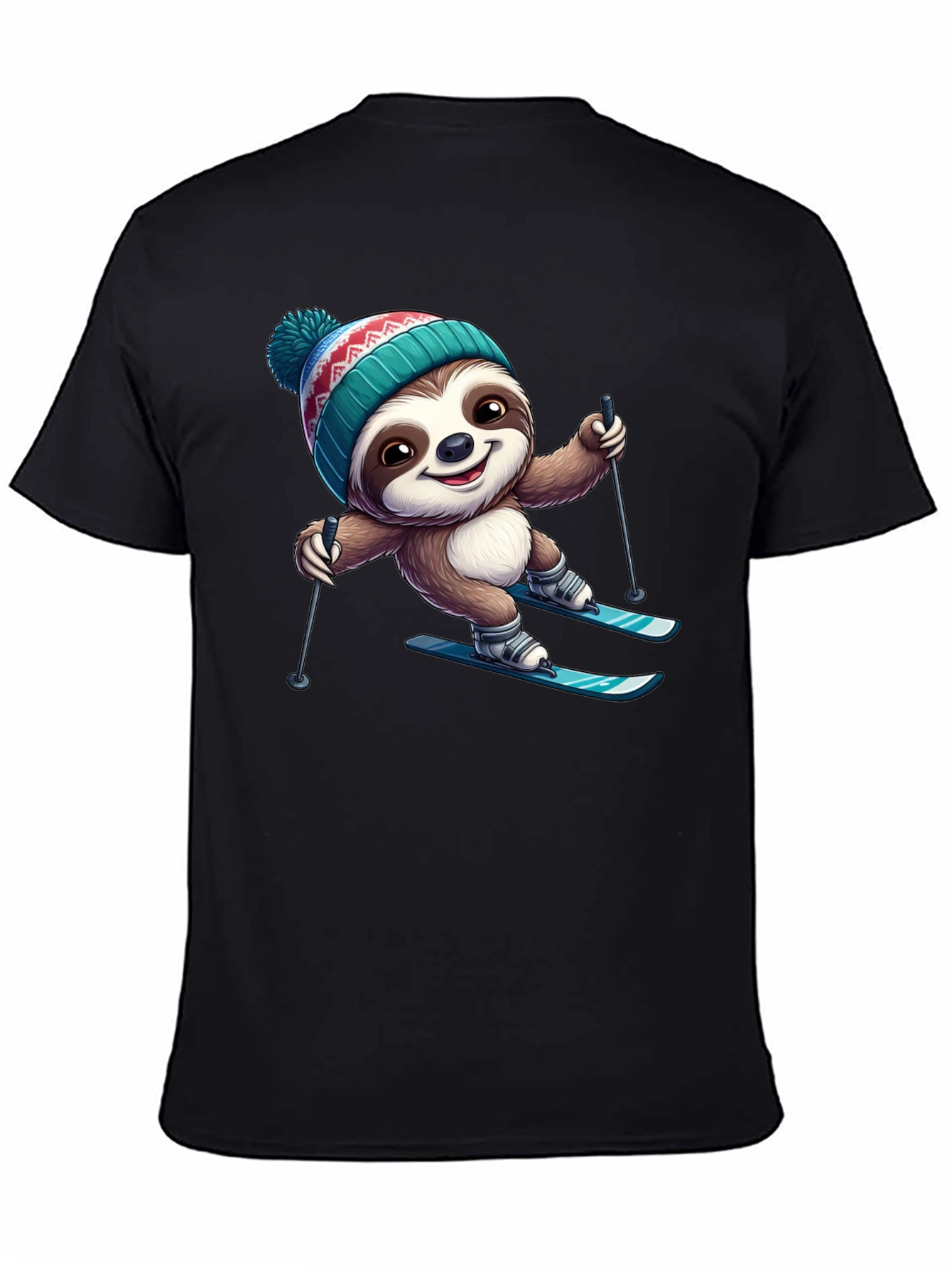 Skiing Sloth Graphic Tee - Black Cotton T-Shirt