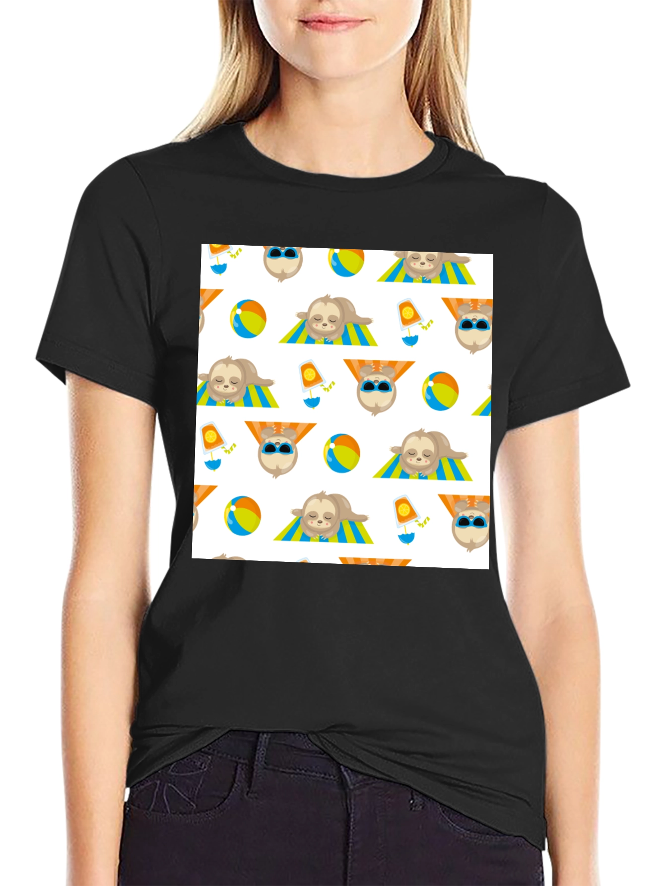 Summer Sloth Pattern Black T-Shirt