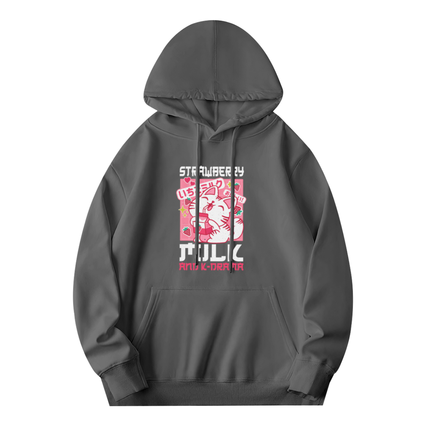 Japanese Strawberry Milk Cat Gray Hoodie, Unisex Anime Cute Plush Hoodie