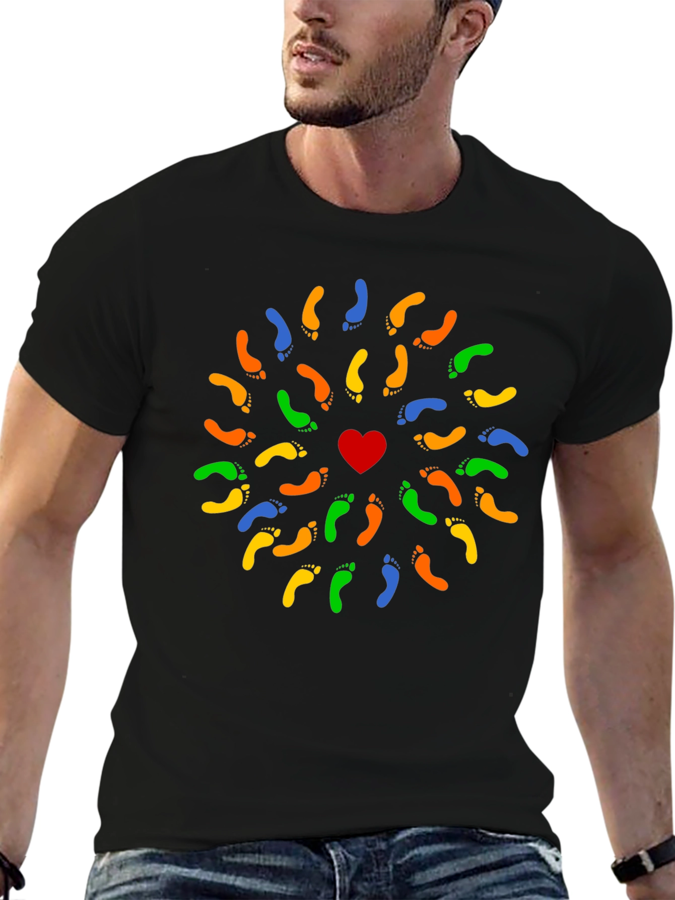 Heart Footprint Mandala Black T-Shirt