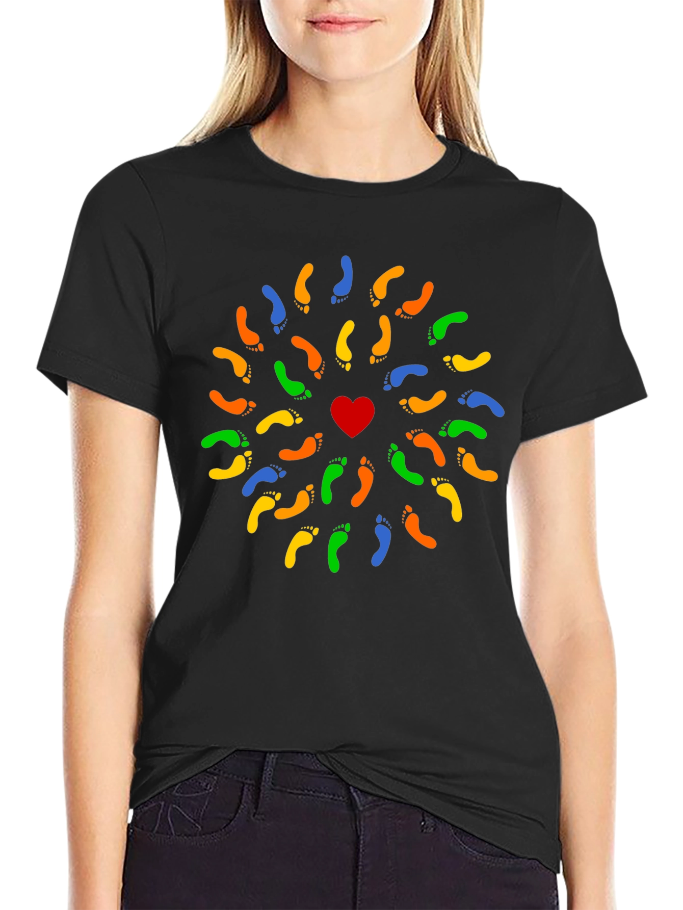 Heart Footprint Mandala Black T-Shirt