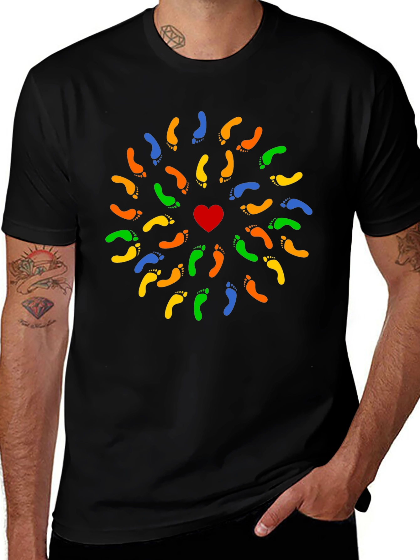 Heart Footprint Mandala Black T-Shirt