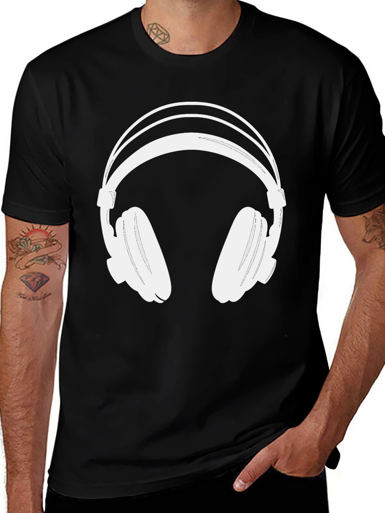 Black T-Shirt with White Headphones Graphic