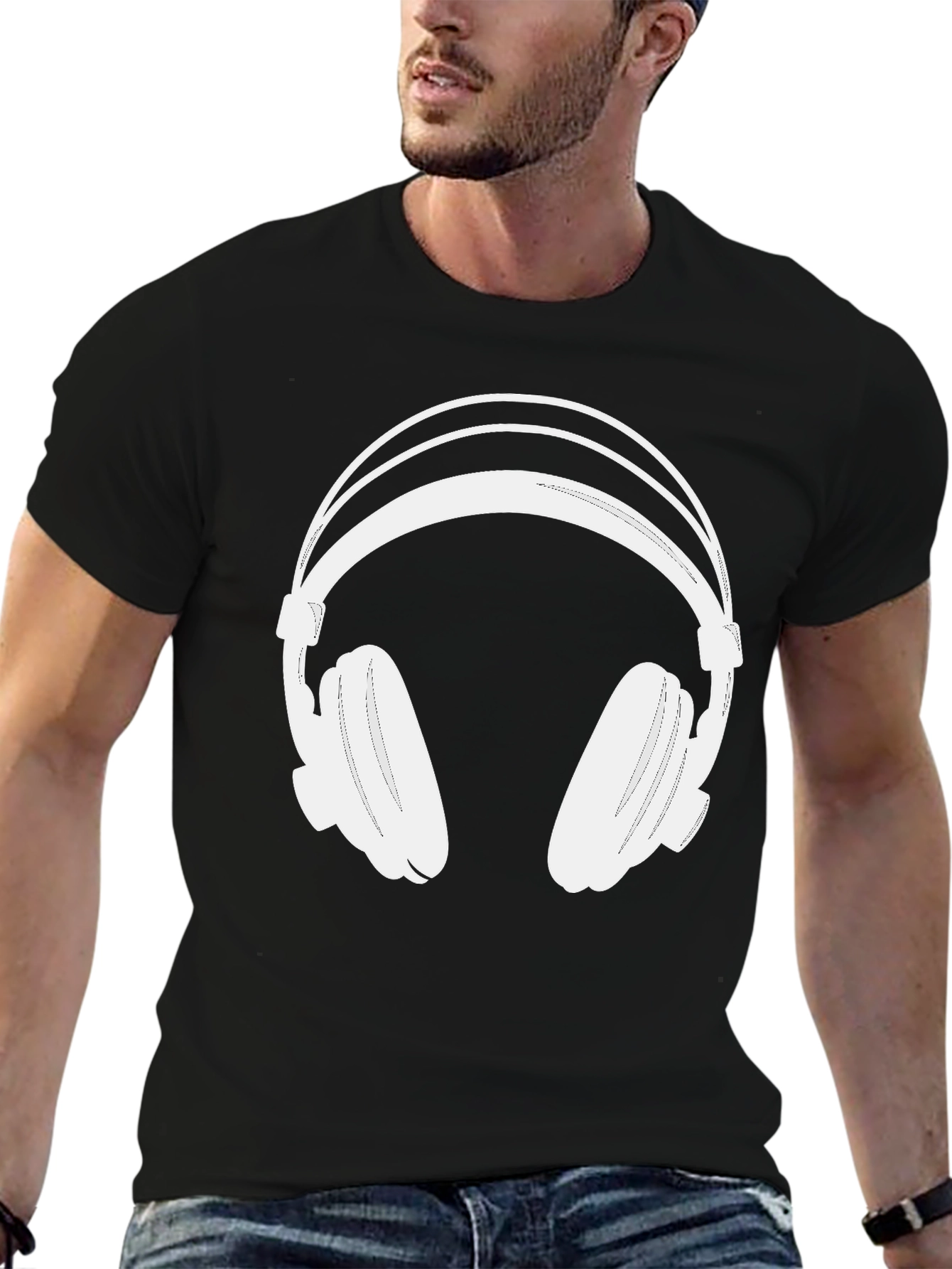Black T-Shirt with White Headphones Graphic