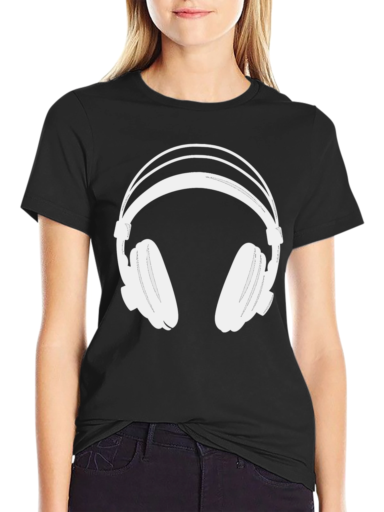 Black T-Shirt with White Headphones Graphic