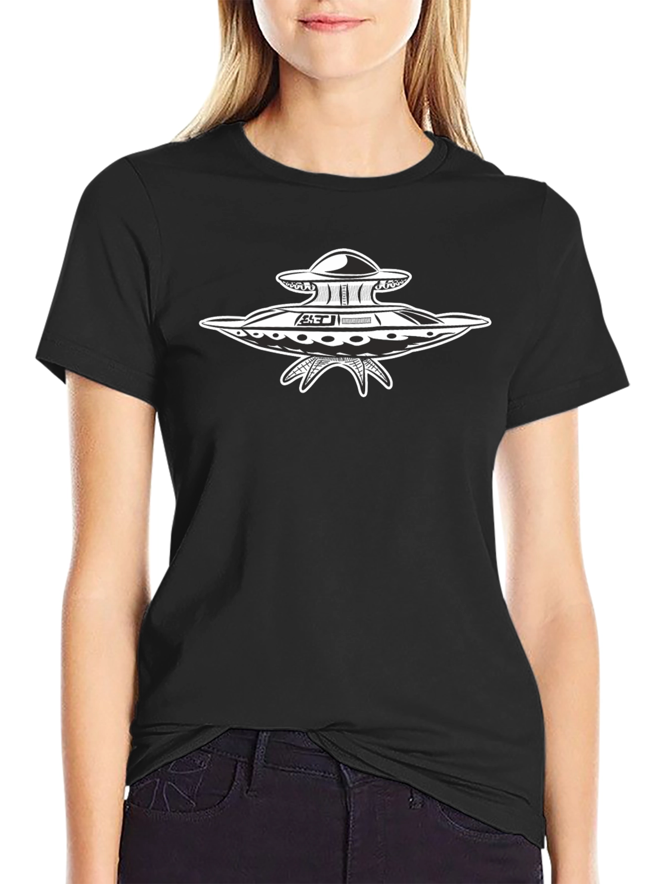 UFO Graphic Print Black T-Shirt