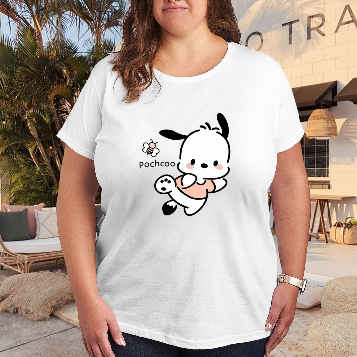 Plus Size Women Adorable Pochacco Little Bee Cartoon Casual T?Shirt