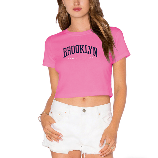 Brooklyn New York City Retro Varsity Style Pink Crop Tee