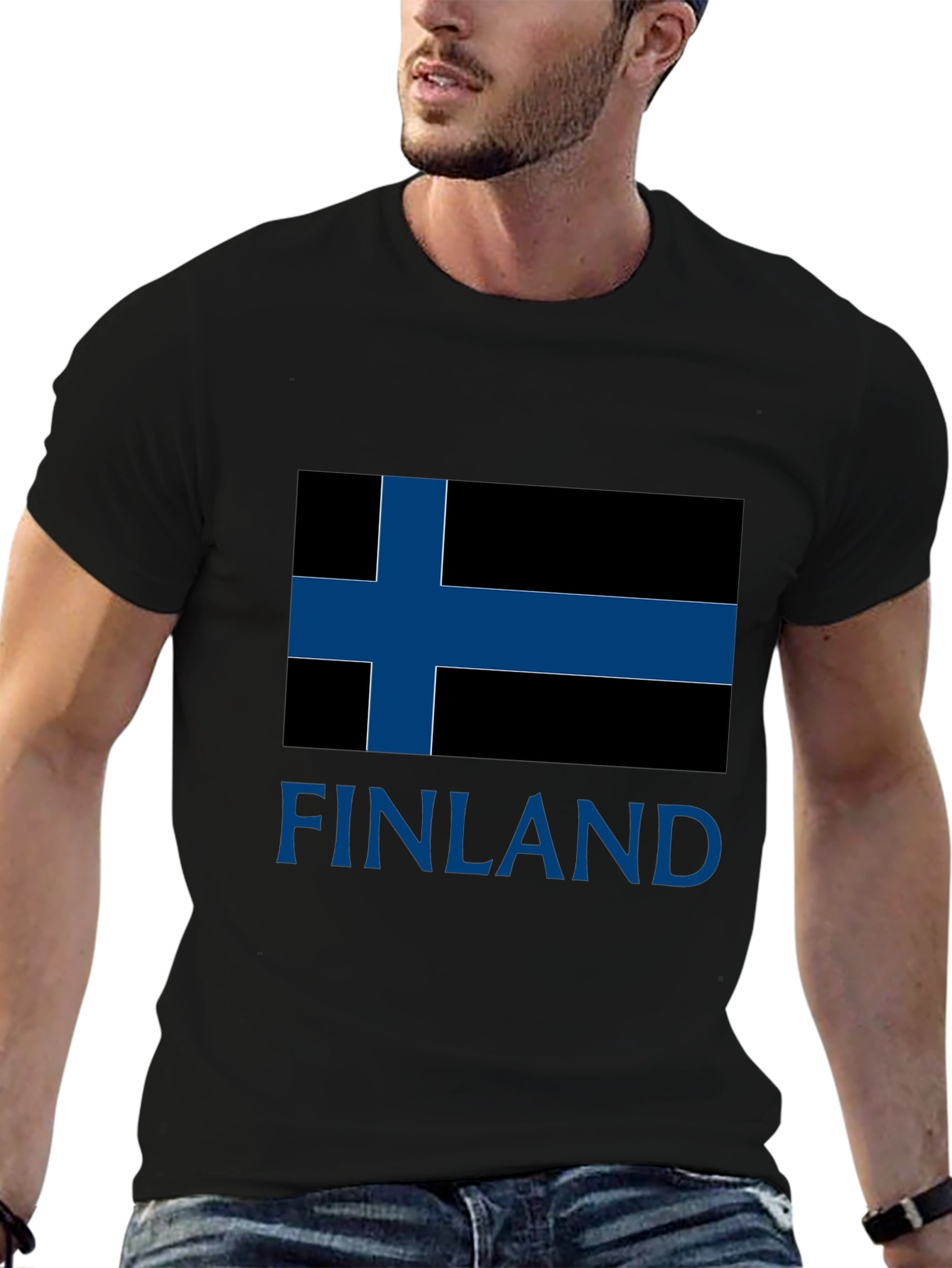 Finland Flag T-Shirt - Mens Black Crew Neck Tee