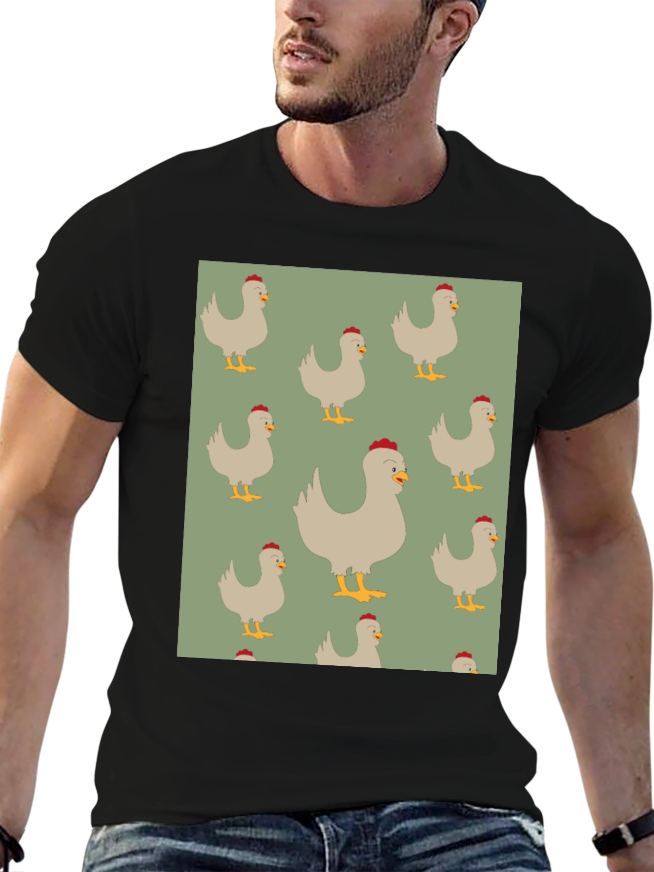 Chicken Pattern Mens Black T-Shirt