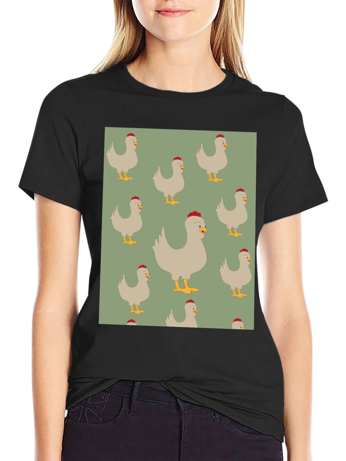 Chicken Pattern Mens Black T-Shirt