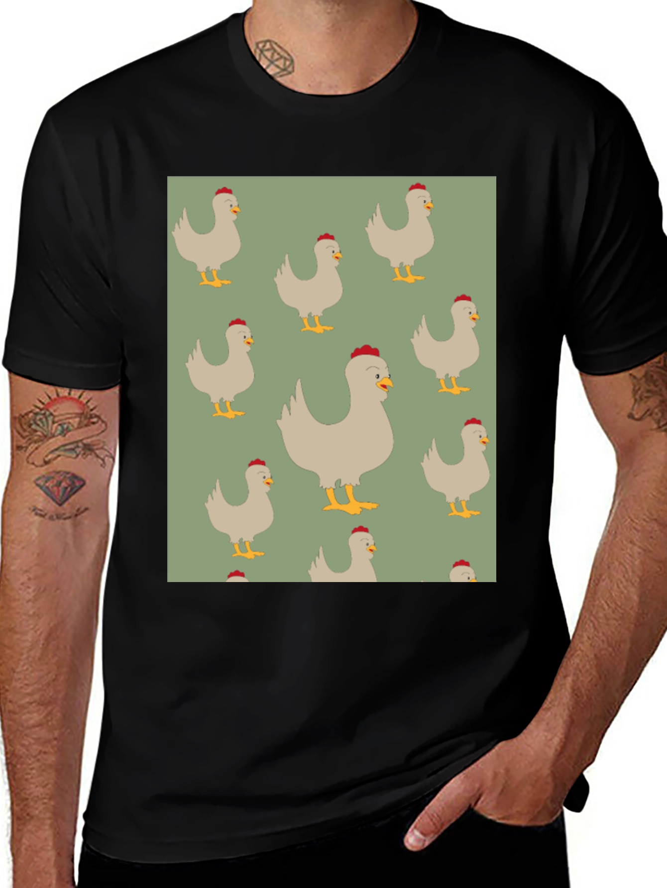 Chicken Pattern Mens Black T-Shirt