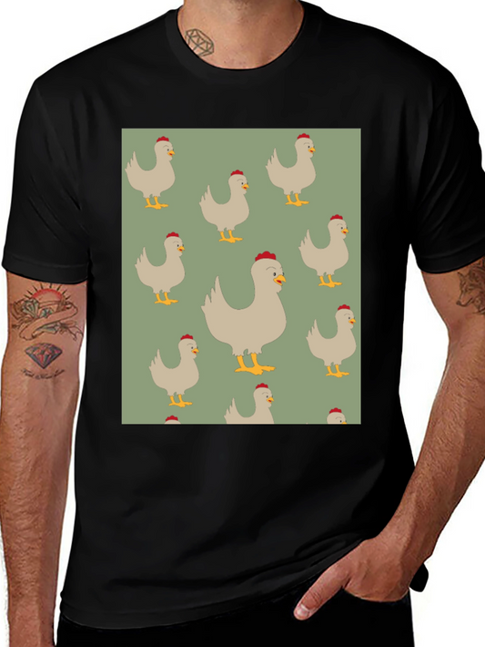 Chicken Pattern Mens Black T-Shirt