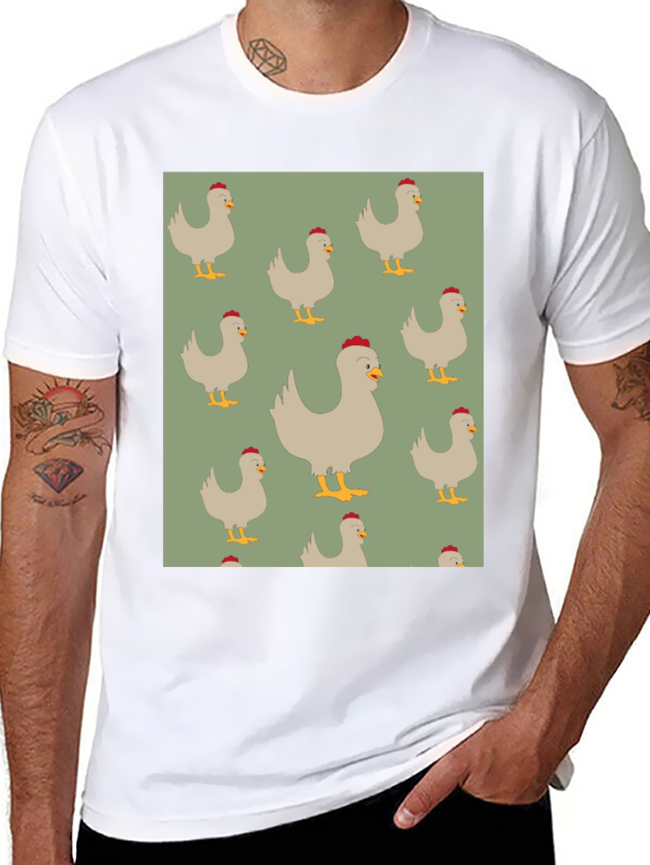 Chicken Pattern Mens Black T-Shirt