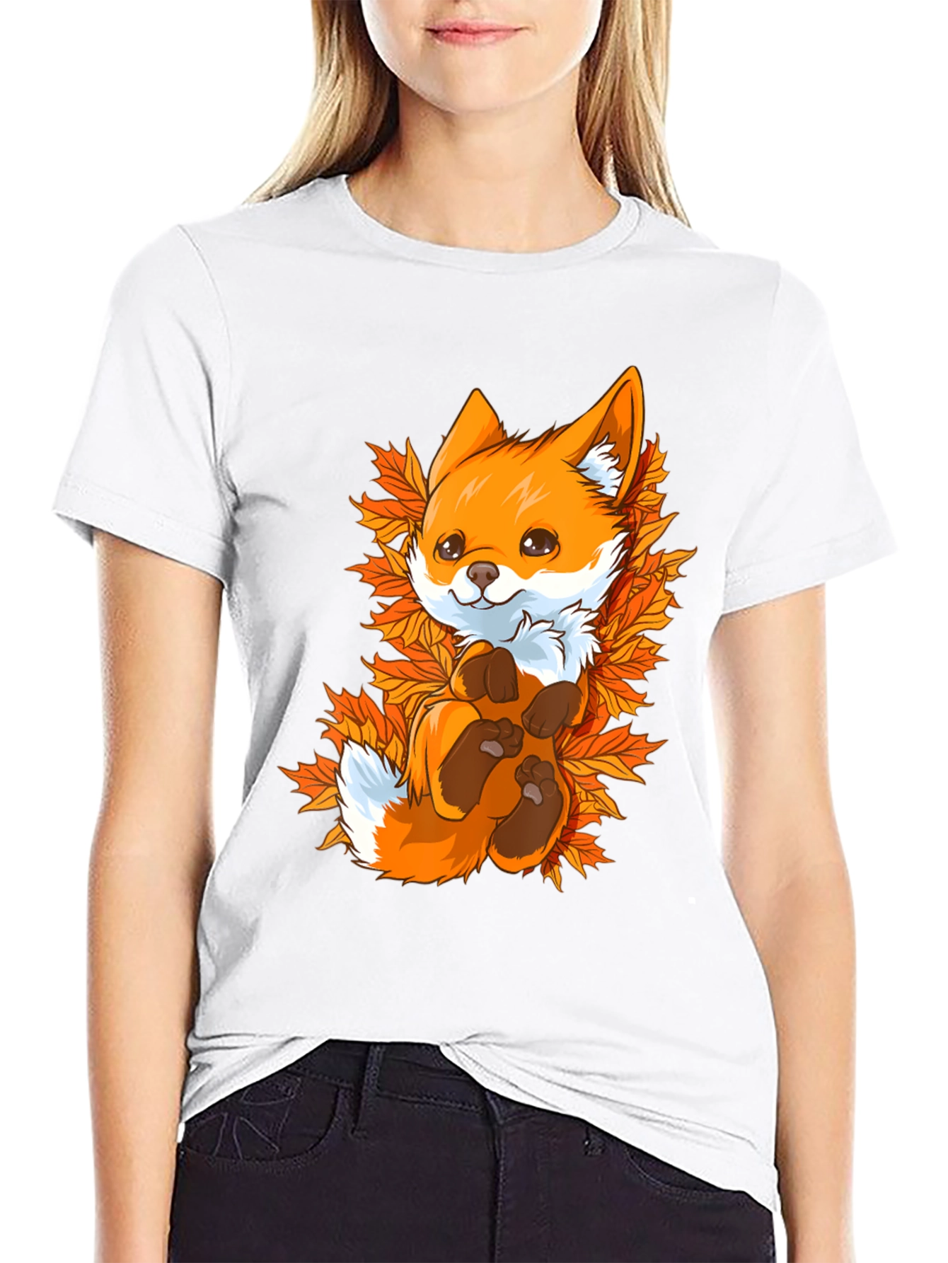Cute Fox Autumn Leaves Black T-Shirt