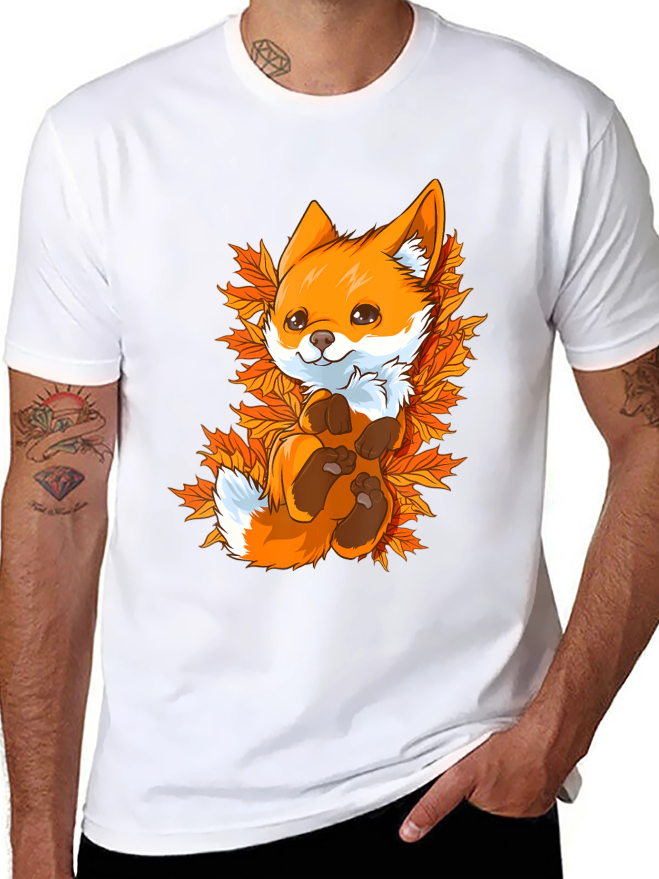 Cute Fox Autumn Leaves Black T-Shirt
