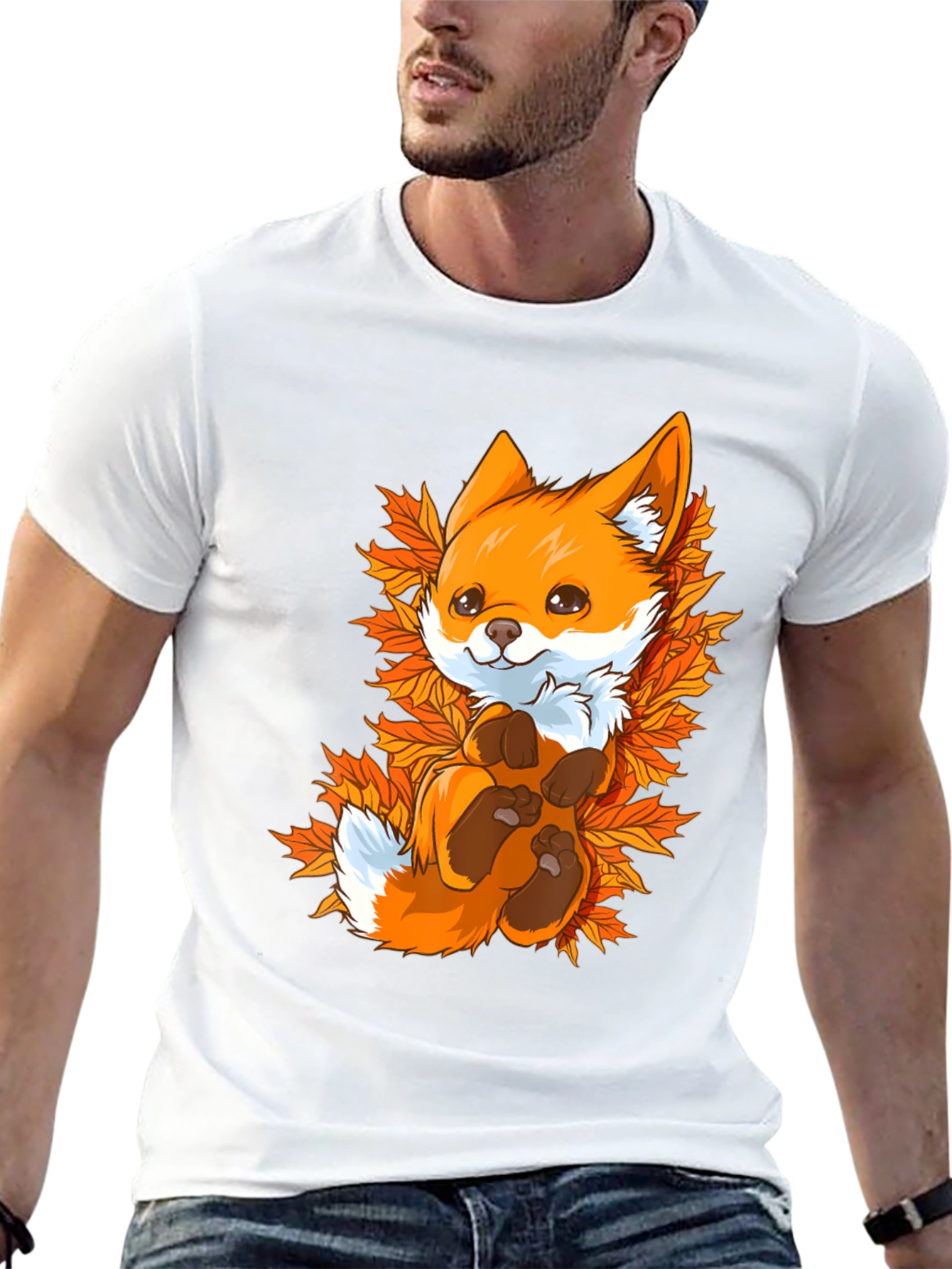 Cute Fox Autumn Leaves Black T-Shirt