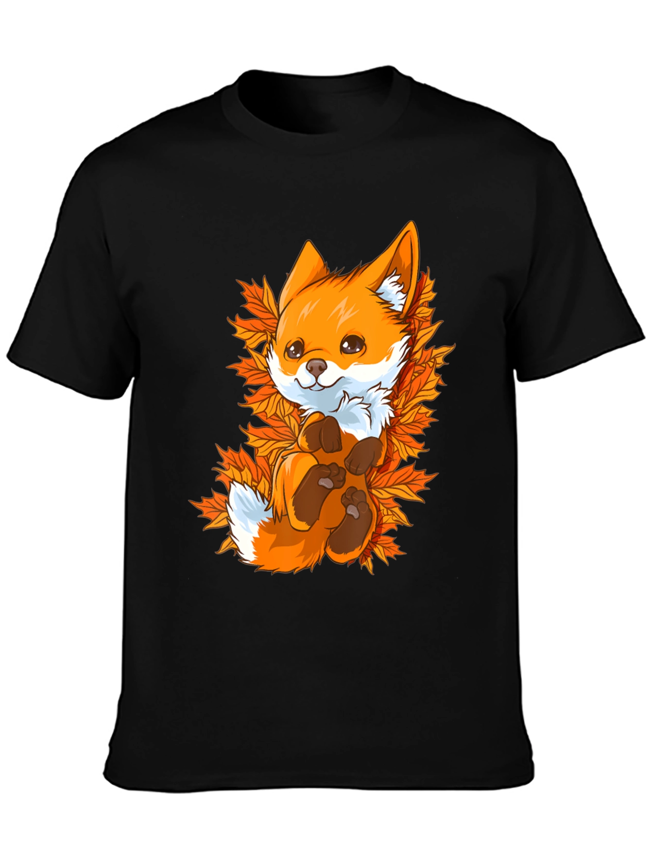 Cute Fox Autumn Leaves Black T-Shirt